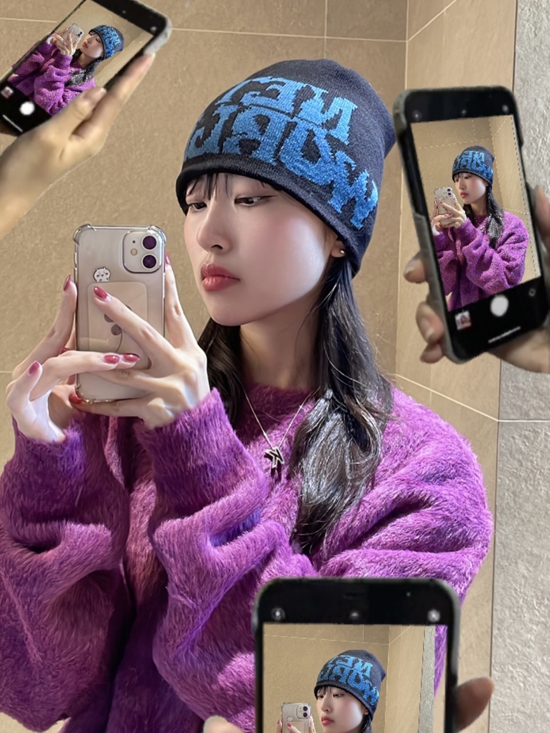 Netherworld Logo Beanie Black 착용 스타일 - 3