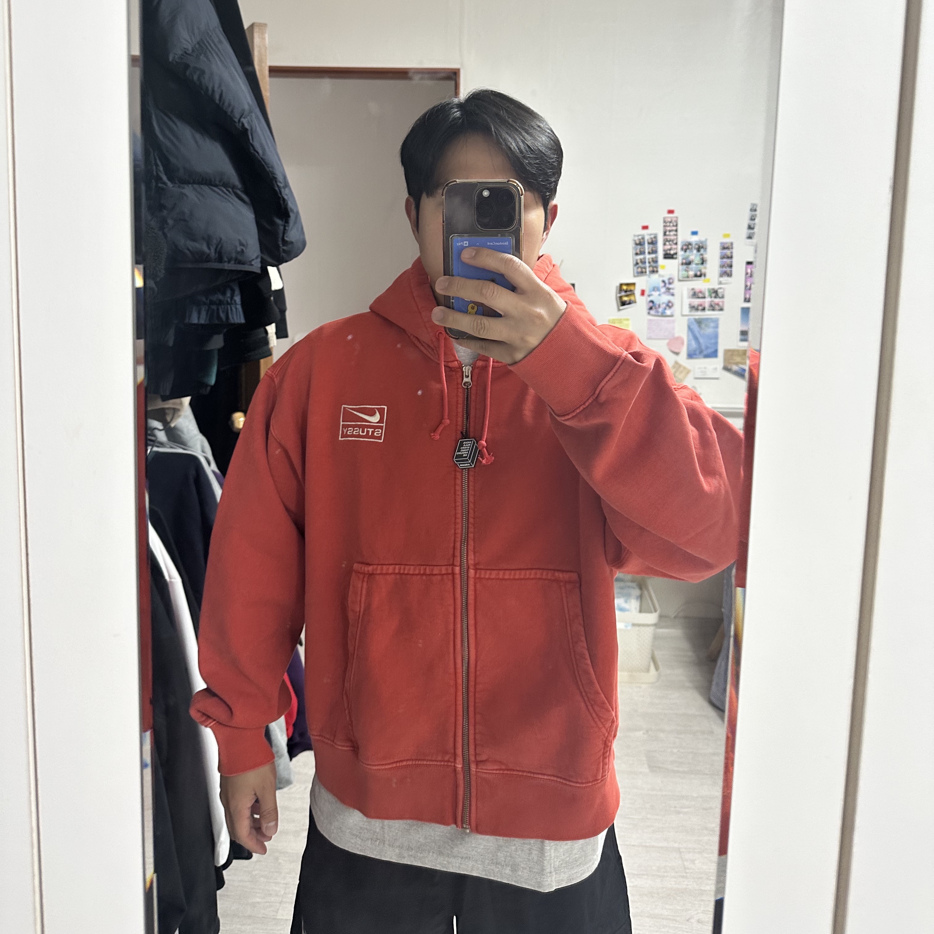 Nike x Stussy Full Zip Pigment Dyed Fleece Hoodie Habanero Red (FJ9161-642) 착용 스타일