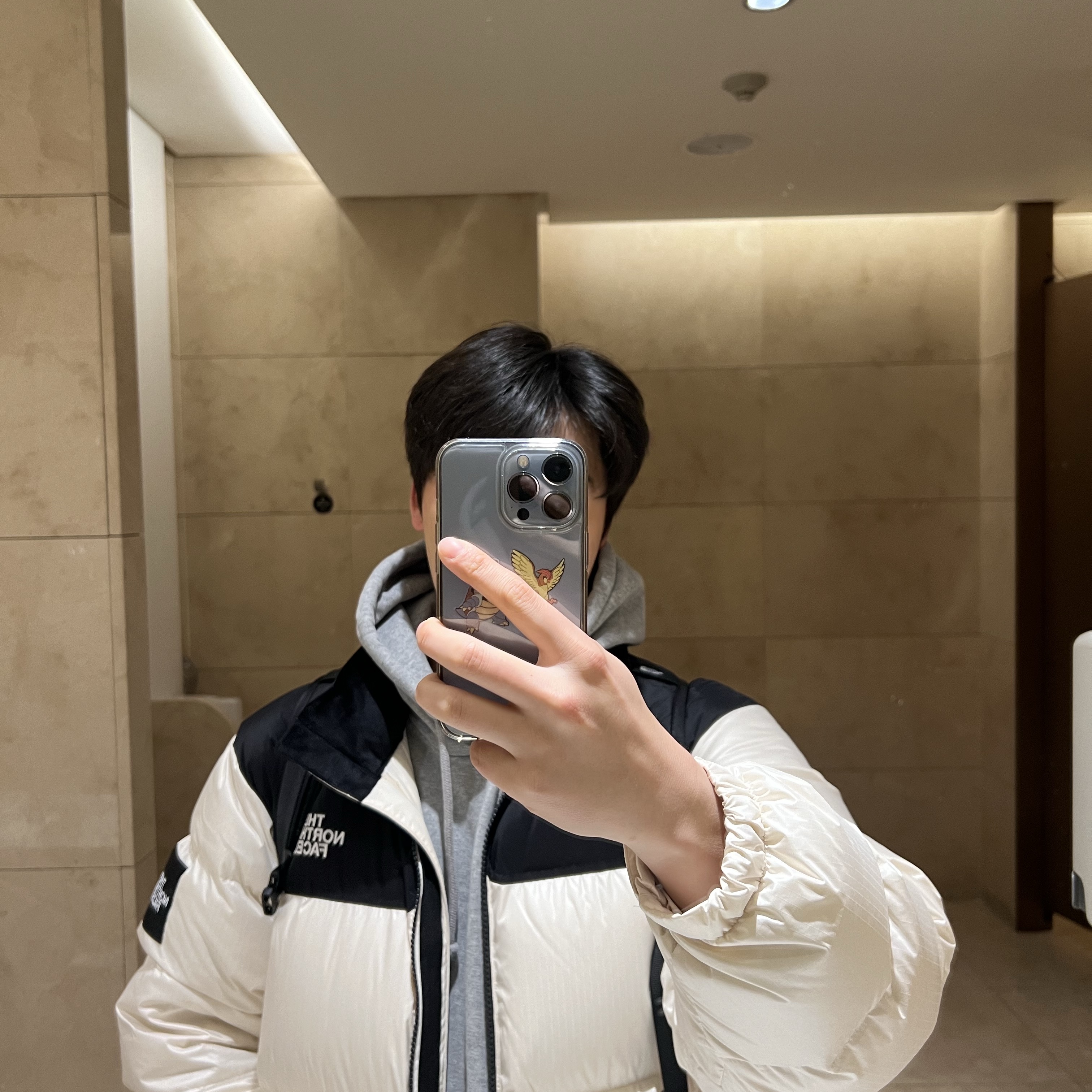 The North Face White Label Novelty Nuptse Down Jacket Cream 착용 스타일