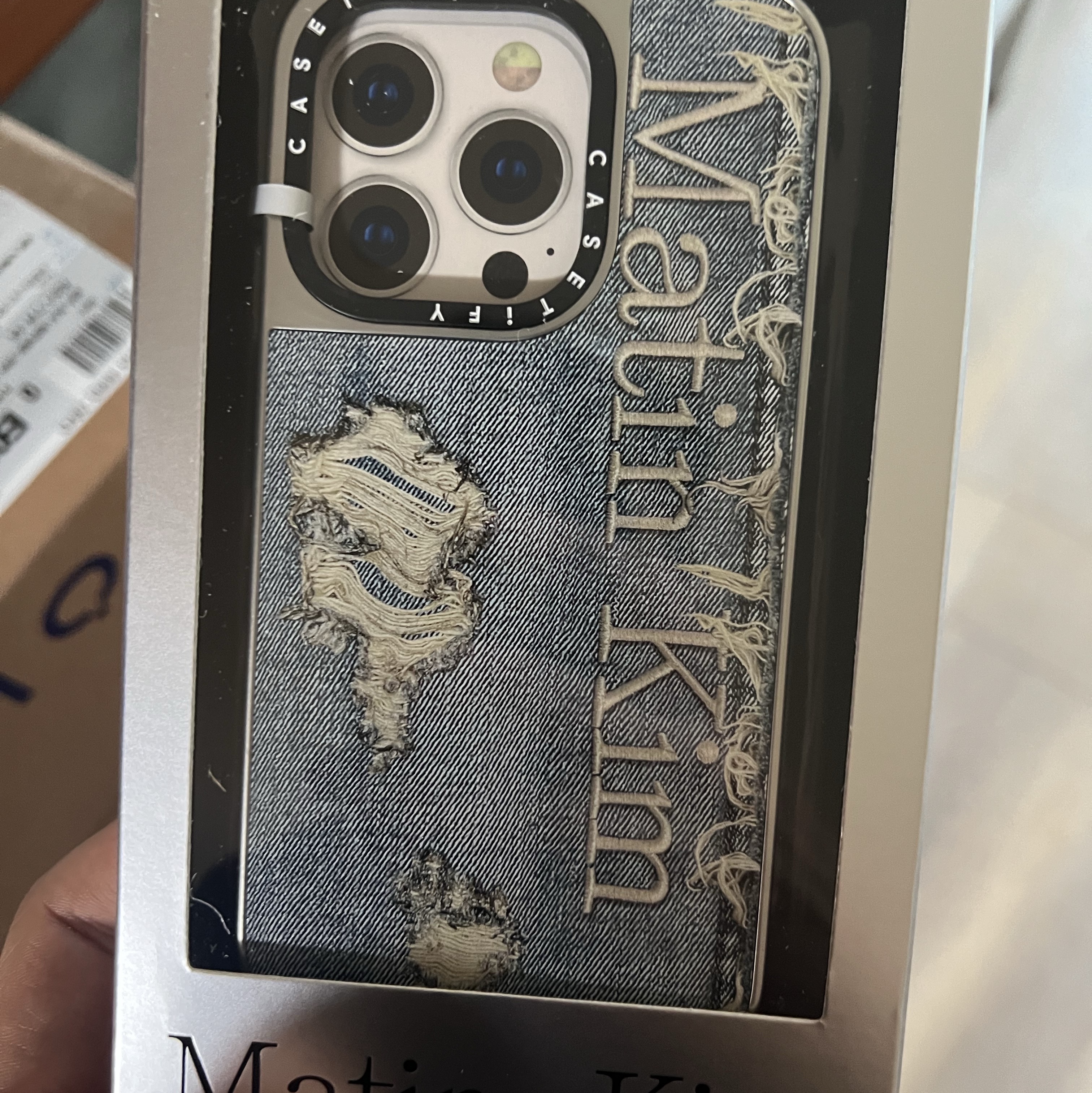 Casetify x Matin Kim iPhone Destroyed Denim Magsafe Mirror Case Silver 착용 스타일