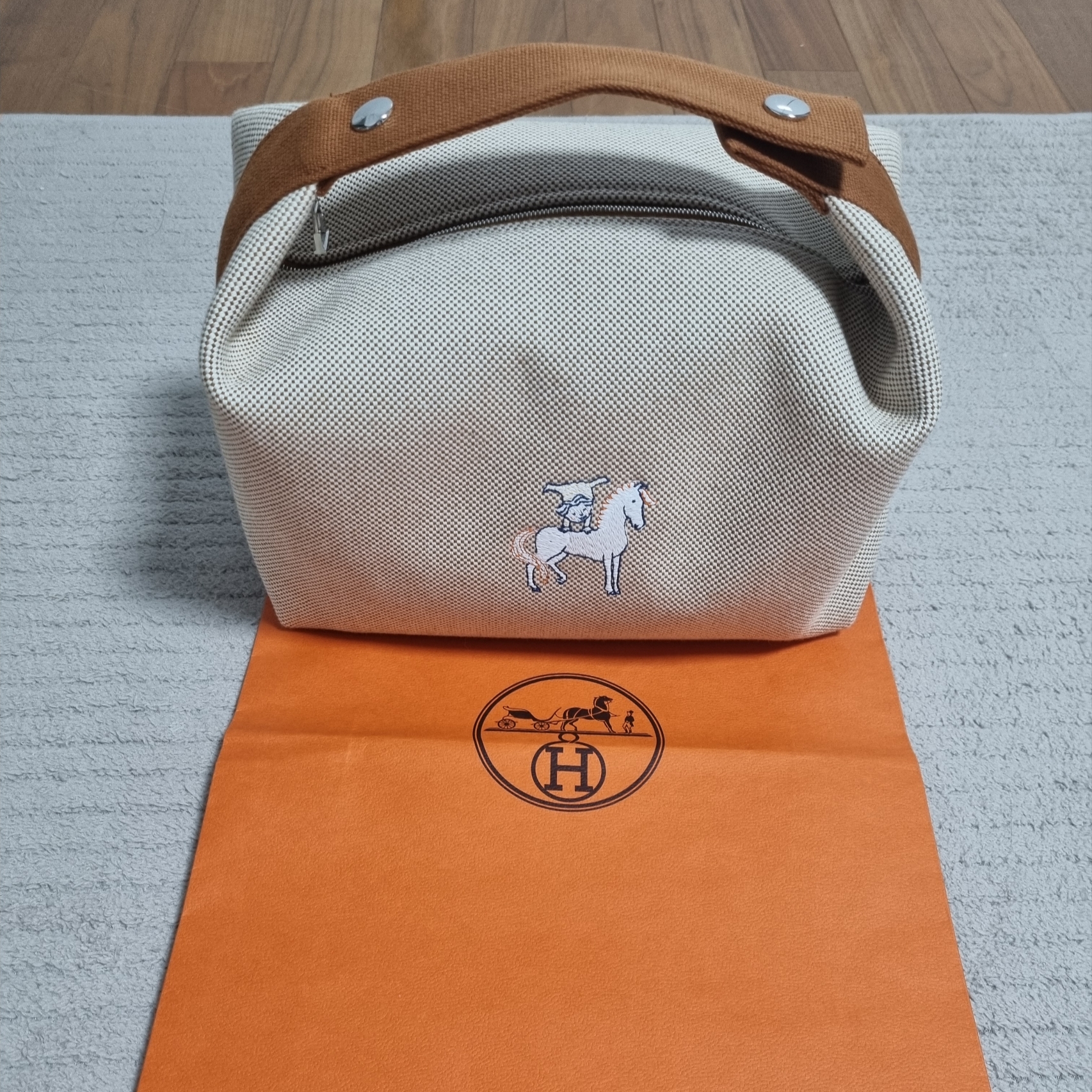 Hermes Large Bride-A-Brac Cabriole Case Canvas & Biscuit 착용 스타일