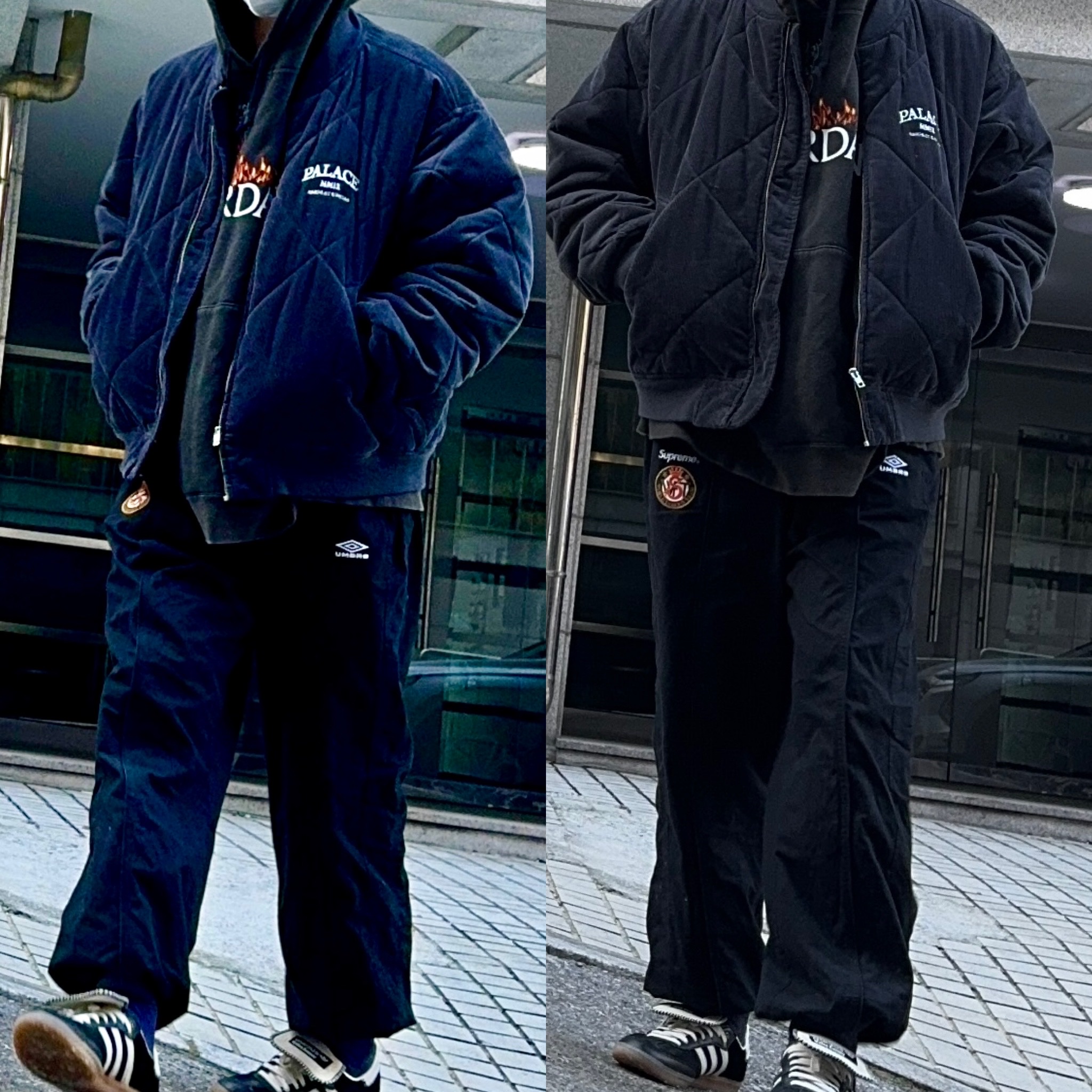 Adidas x Wales Bonner Pony Tonal Samba Core Black Cream White, Palace Quilted Jacket Black - 23FW 착용 스타일