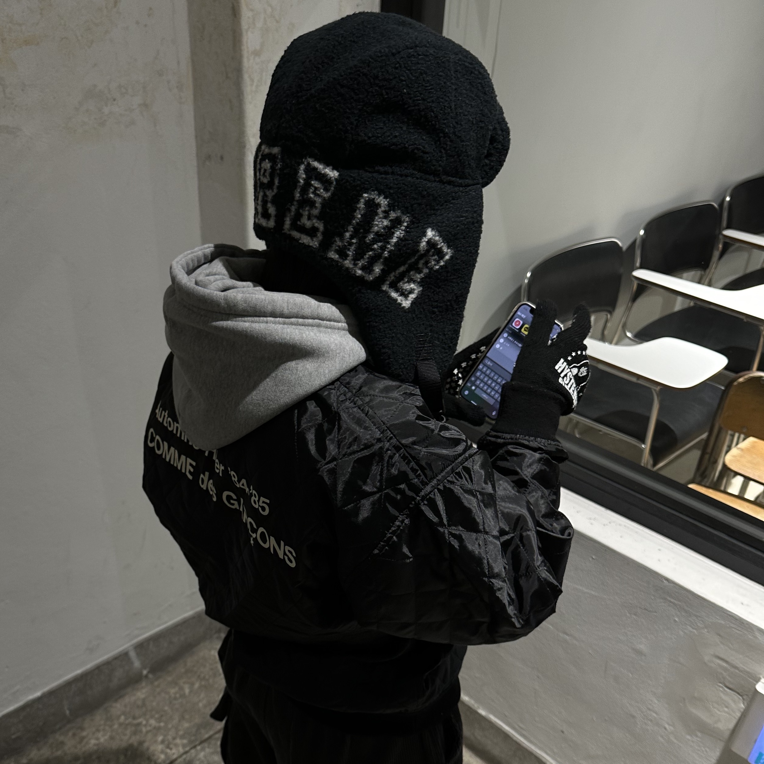 CDG Quilted '84-85 Staff Blouson Black, Supreme Shearling Trooper Black - 23FW 착용 스타일 - 2
