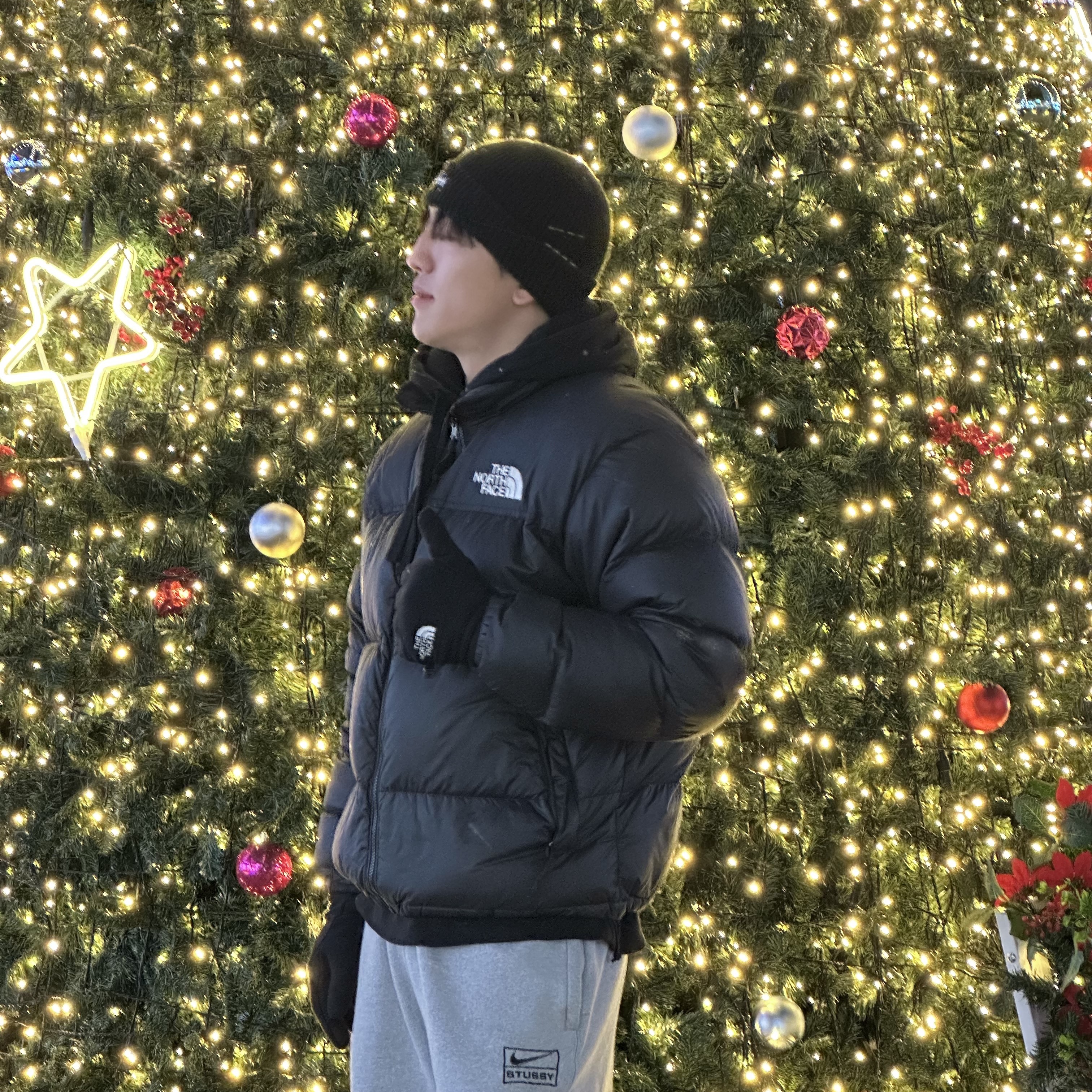 The North Face 1996 Eco Nuptse Jacket Black, Nike x Stussy NRG Fleece Pants Dark Grey Heather (DO9340-063) 착용 스타일 - 2