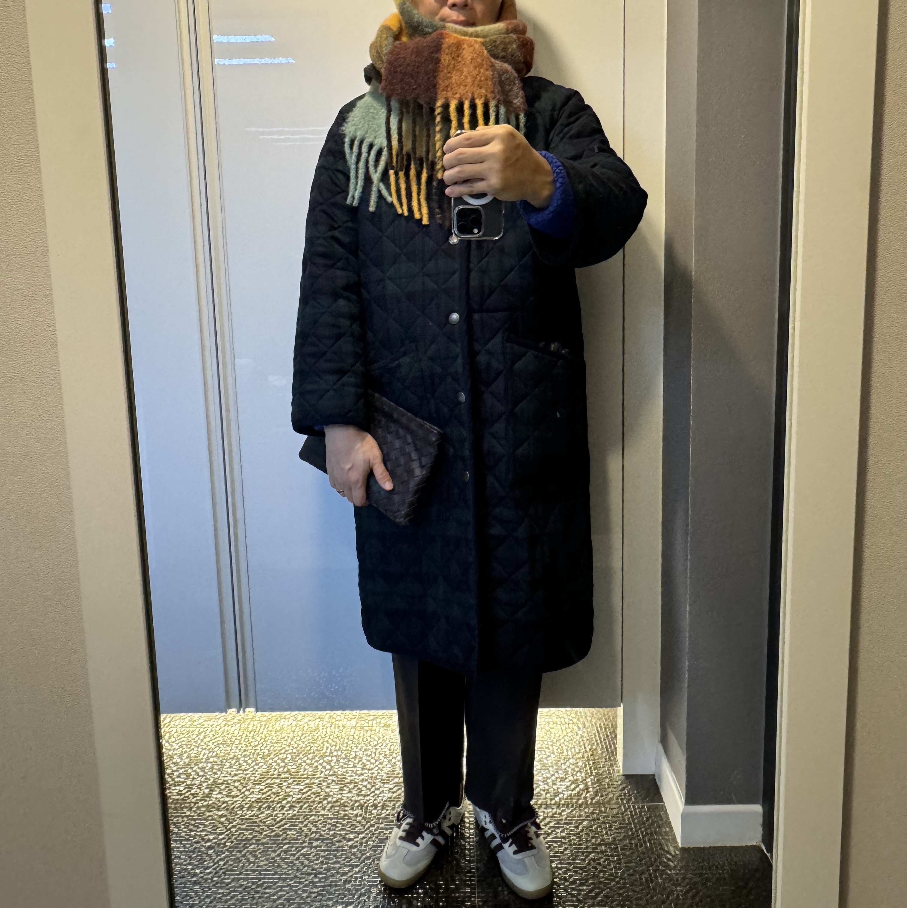 Acne Studios Mohair Check Muffler Chestnut Brown Yellow Green, Adidas x Wales Bonner Pony Tonal Samba Cream White Mystery Brown 착용 스타일