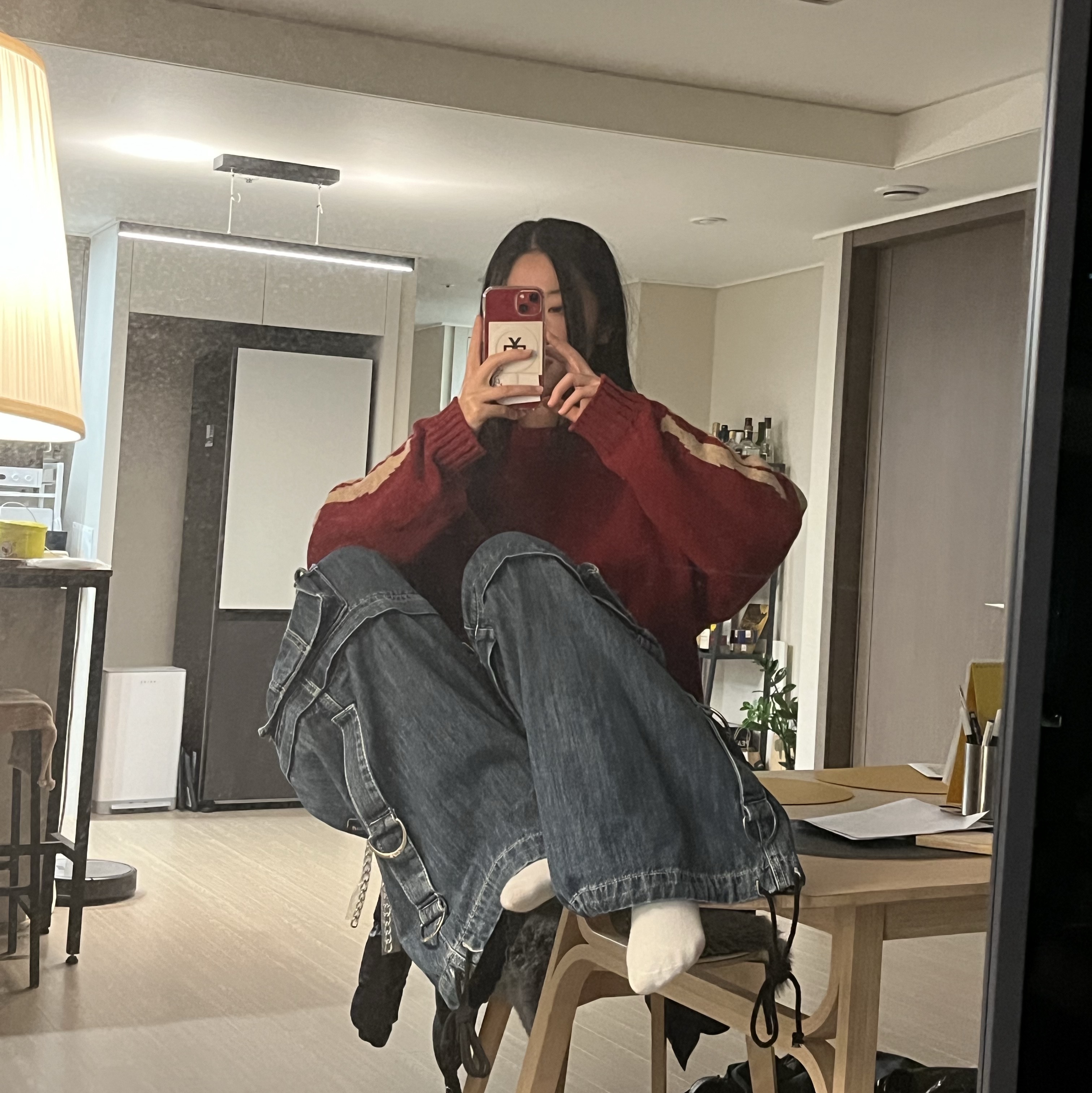 Kapital 5G Wool Bone Crewneck Sweater Red 착용 스타일 - 1