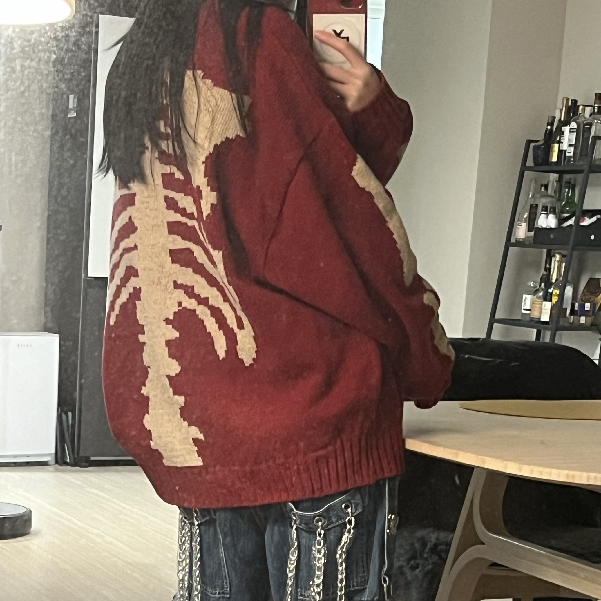 Kapital 5G Wool Bone Crewneck Sweater Red 착용 스타일 - 2