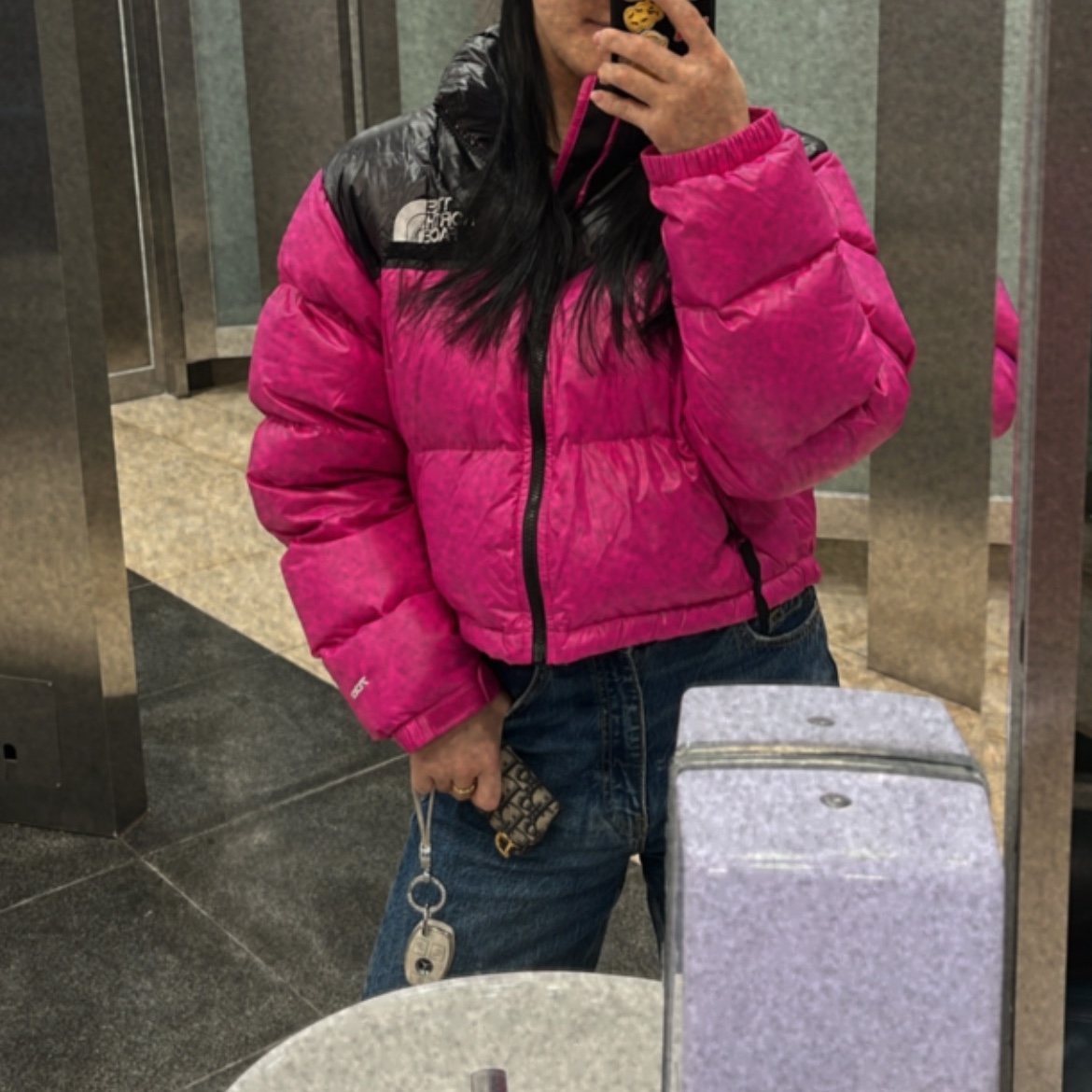 (W) The North Face Nuptse Short Jacket Fuchsia Pink 착용 스타일