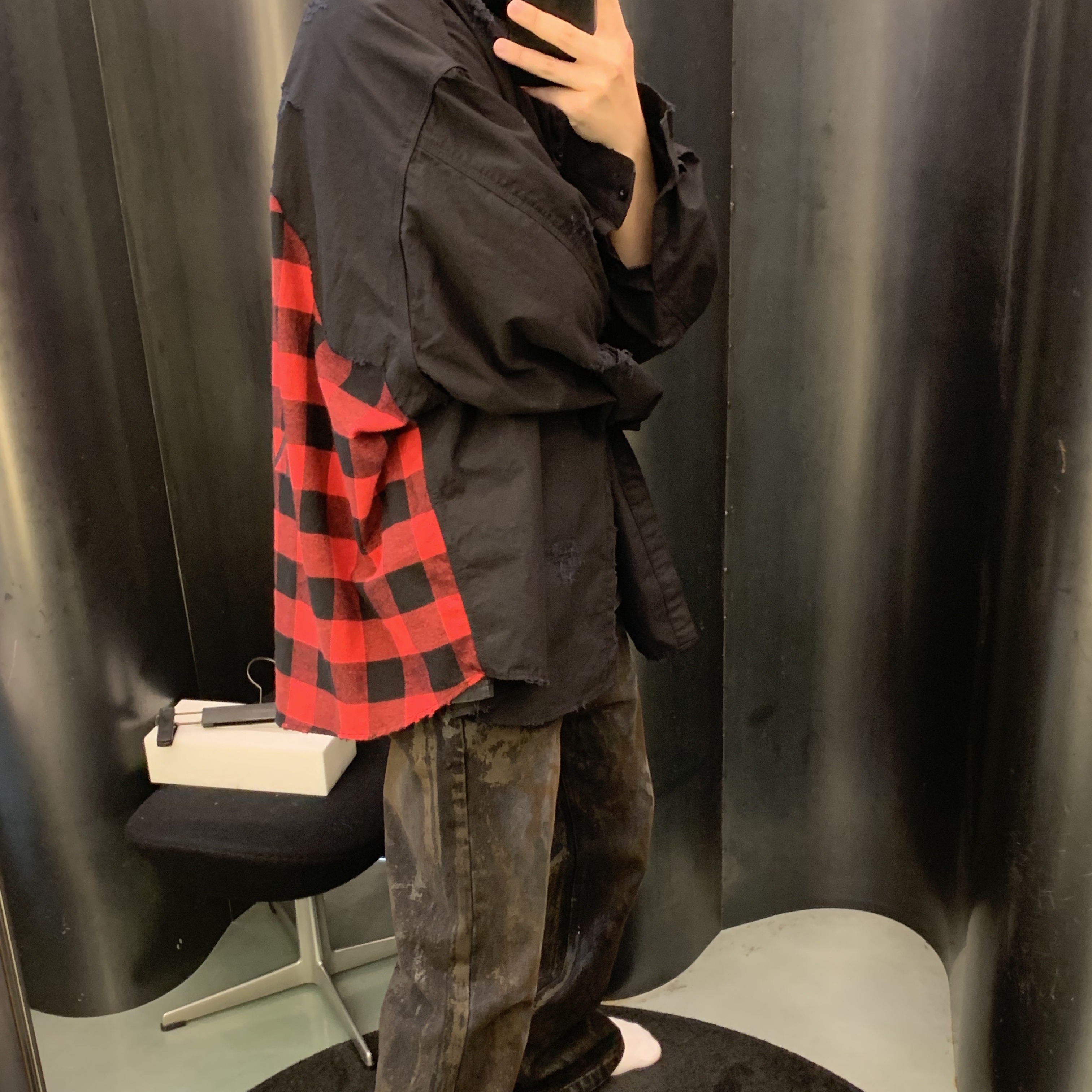 Undermycar Dohee Oversized Buffalo Check Shirts Salsa - 23SS, Project G/R Flare Jeans Black 착용 스타일