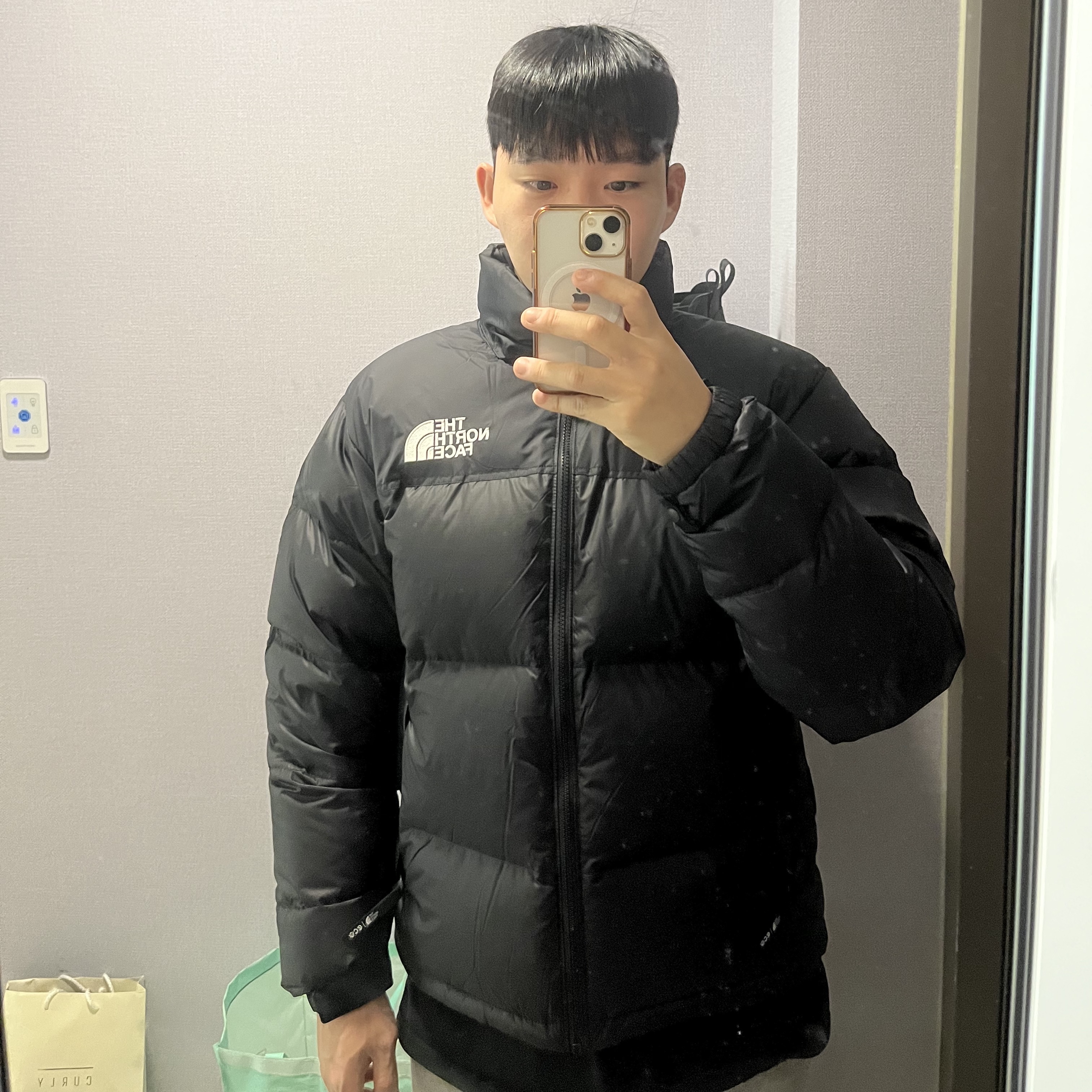 The North Face 1996 Eco Nuptse Jacket Black 착용 스타일