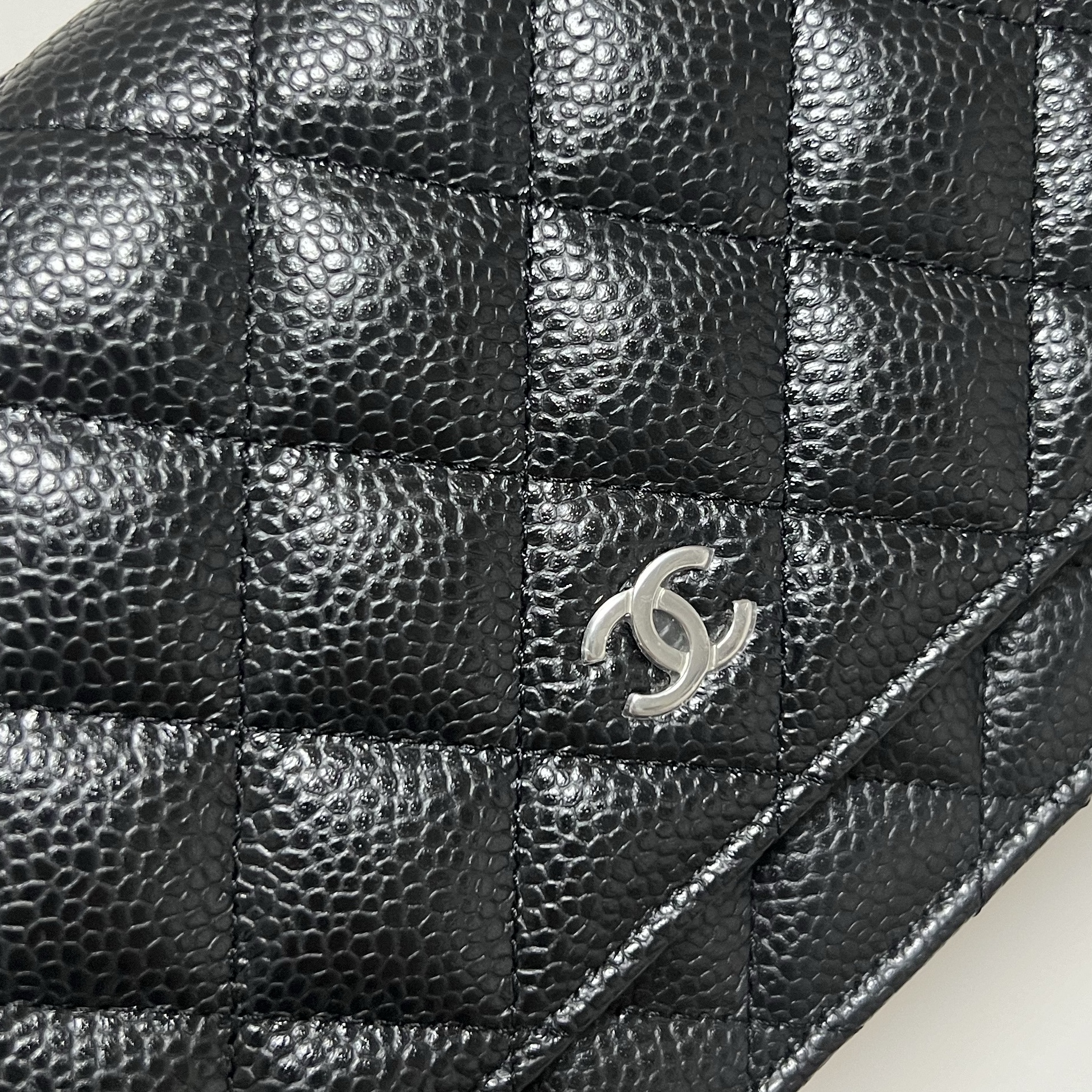 Chanel Classic Wallet On Chain Grained Calfskin & Silver Black 착용 스타일