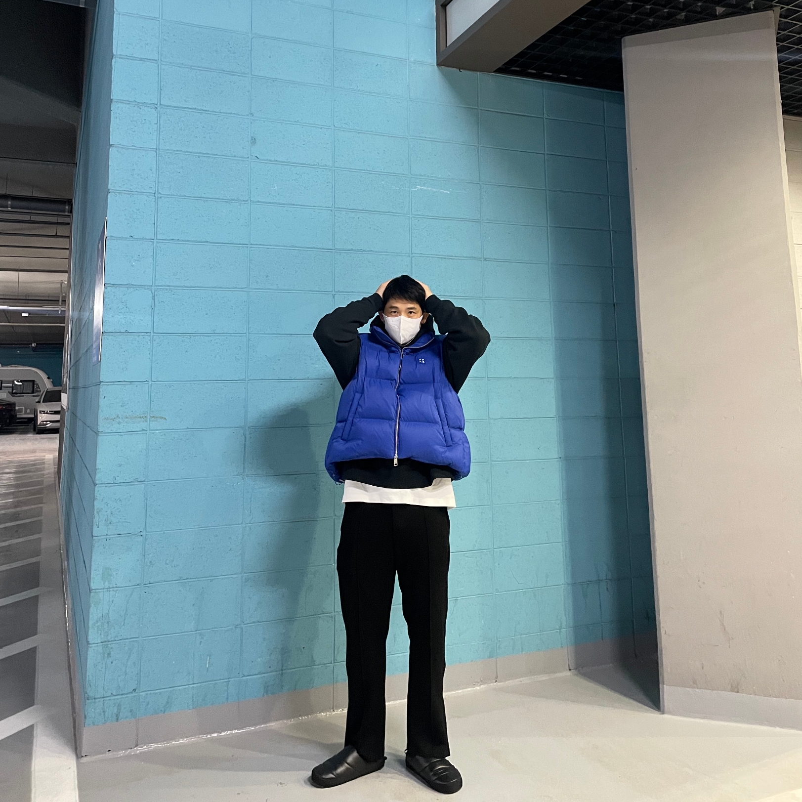 Ader Error Sig; TRS Tag Puffer Vest 01 Z-Blue, The North Face Nuptse Mule Black 착용 스타일
