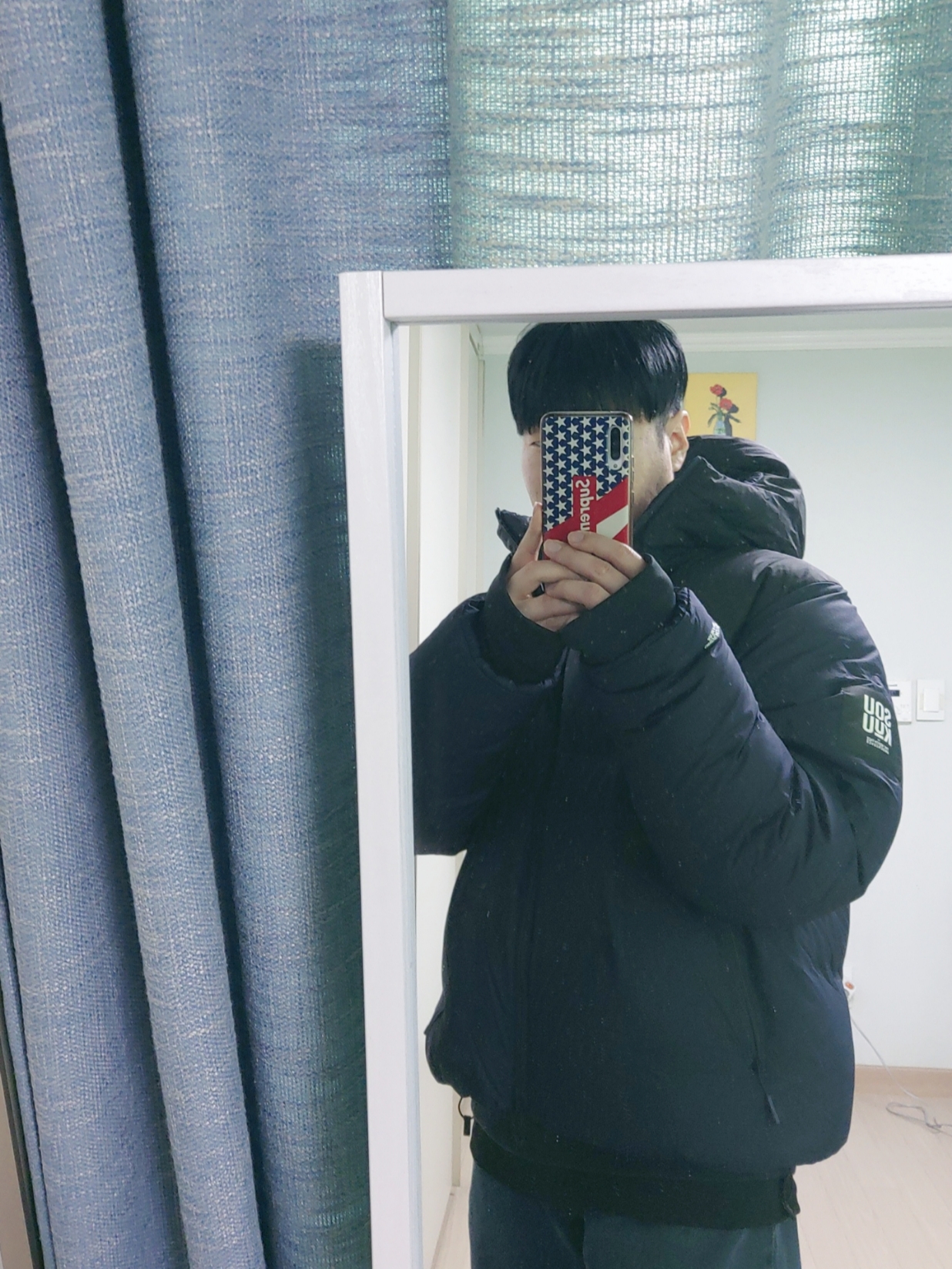 The North Face x Undercover Soukuu Cloud Down Nupste TNF Black Aviator Navy, Kapital 2 Tone Big Fleece Sweatshirt Black Green 착용 스타일 - 1