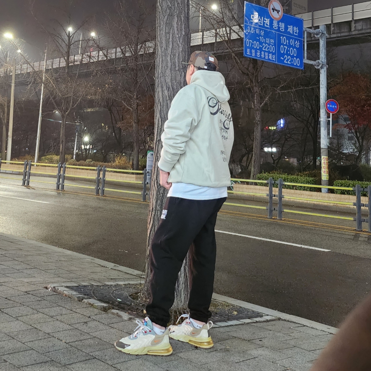 Stussy World Tour Hoodie Khaki 2023, Nike x Travis Scott Air Max 270 React Cactus Trails 착용 스타일 - 2