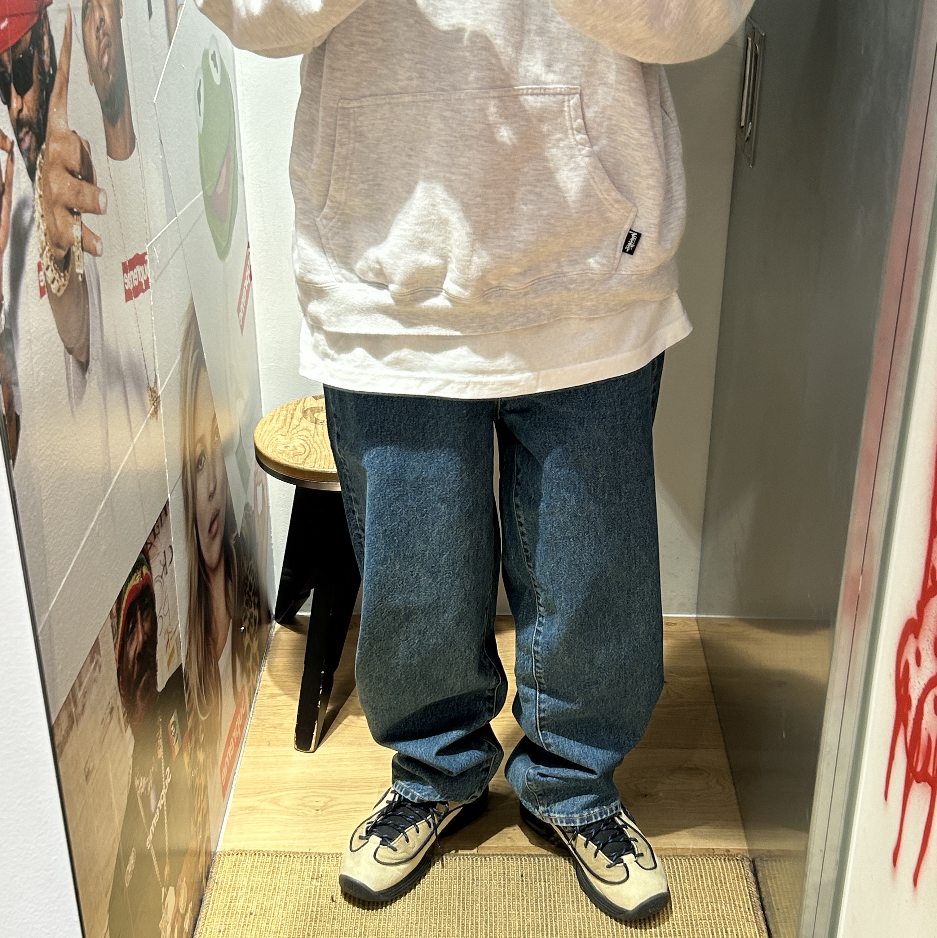 Nike x Stussy Air Penny II Rattan and Limestone, Supreme Baggy Jean Washed Indigo - 23FW 착용 스타일