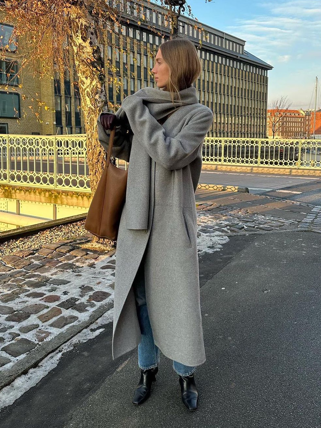 The Row Small N/S Park Tote in Nubuck Tundra, The Row Small N/S Park Tote in Grained Calfskin Leather Dark Taupe 착용 스타일 - 3