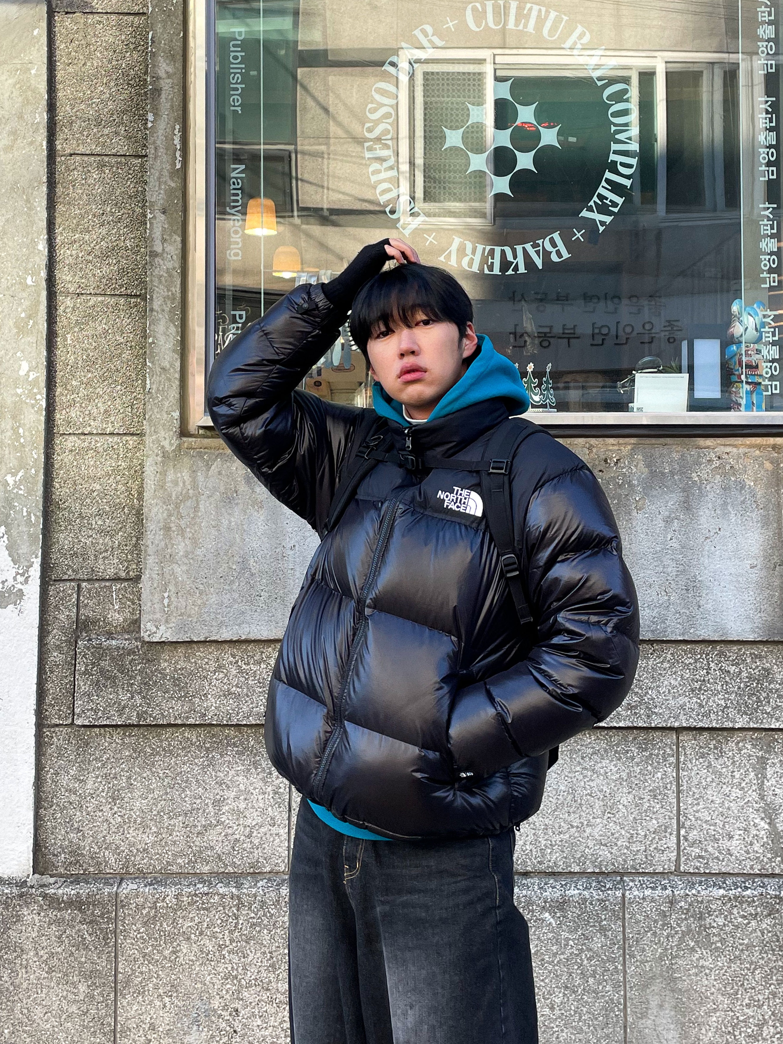 Adidas x Blondey McCoy A.B. Gazelle Indoor Mineral Blue, The North Face 1996 Eco Nuptse Jacket Real Black 착용 스타일 - 4
