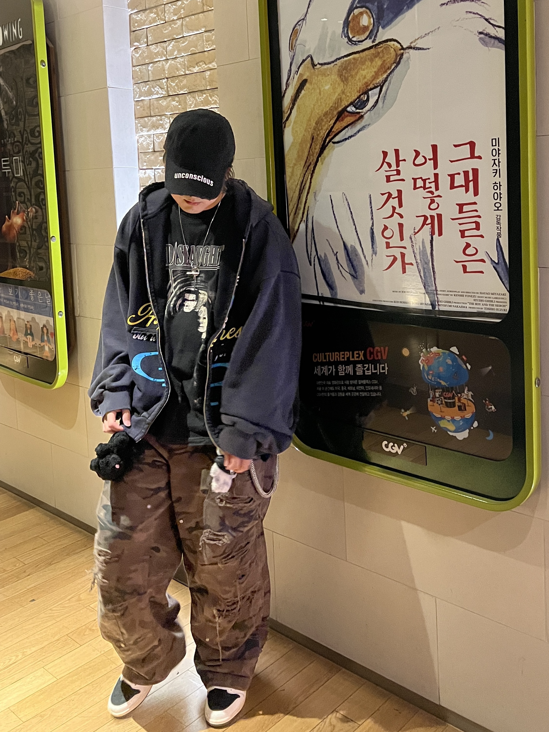 Project G/R Happiness Zip Hoodie Navy, Project G/R Mind Slaughter Vintage Washeed T-Shirt Black 착용 스타일 - 2