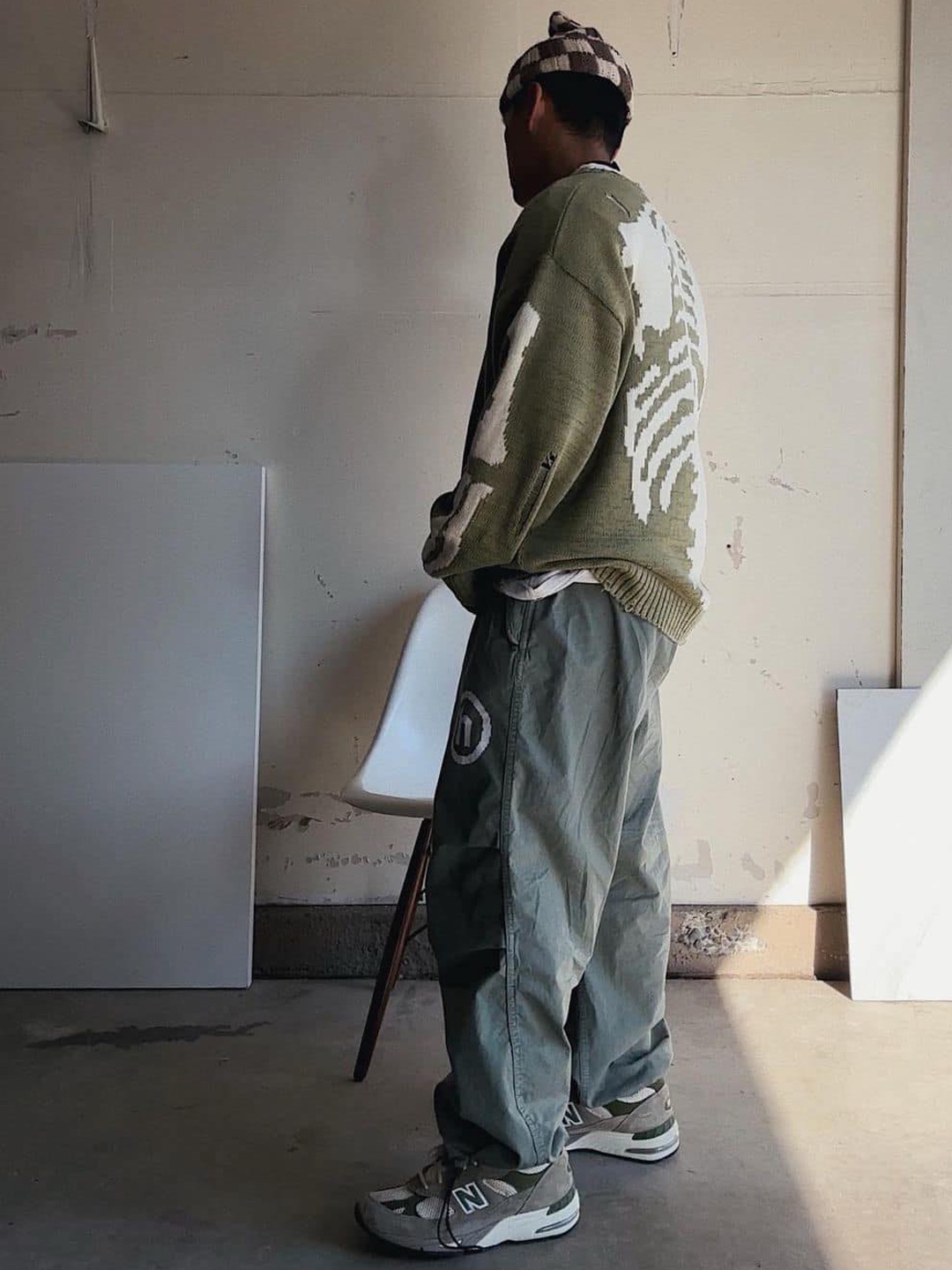 Kapital 5G Cotton Knit Bone Crewneck Sweater Khaki, Kapital 5G Wool Bone Crewneck Sweater Saxophone 착용 스타일 - 2