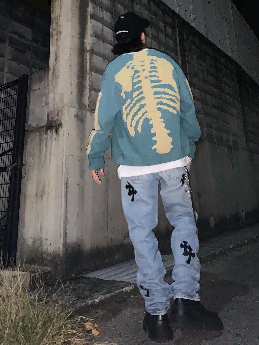 Kapital 5G Cotton Knit Bone Crewneck Sweater Khaki, Kapital 5G Wool Bone Crewneck Sweater Saxophone 착용 스타일 - 5
