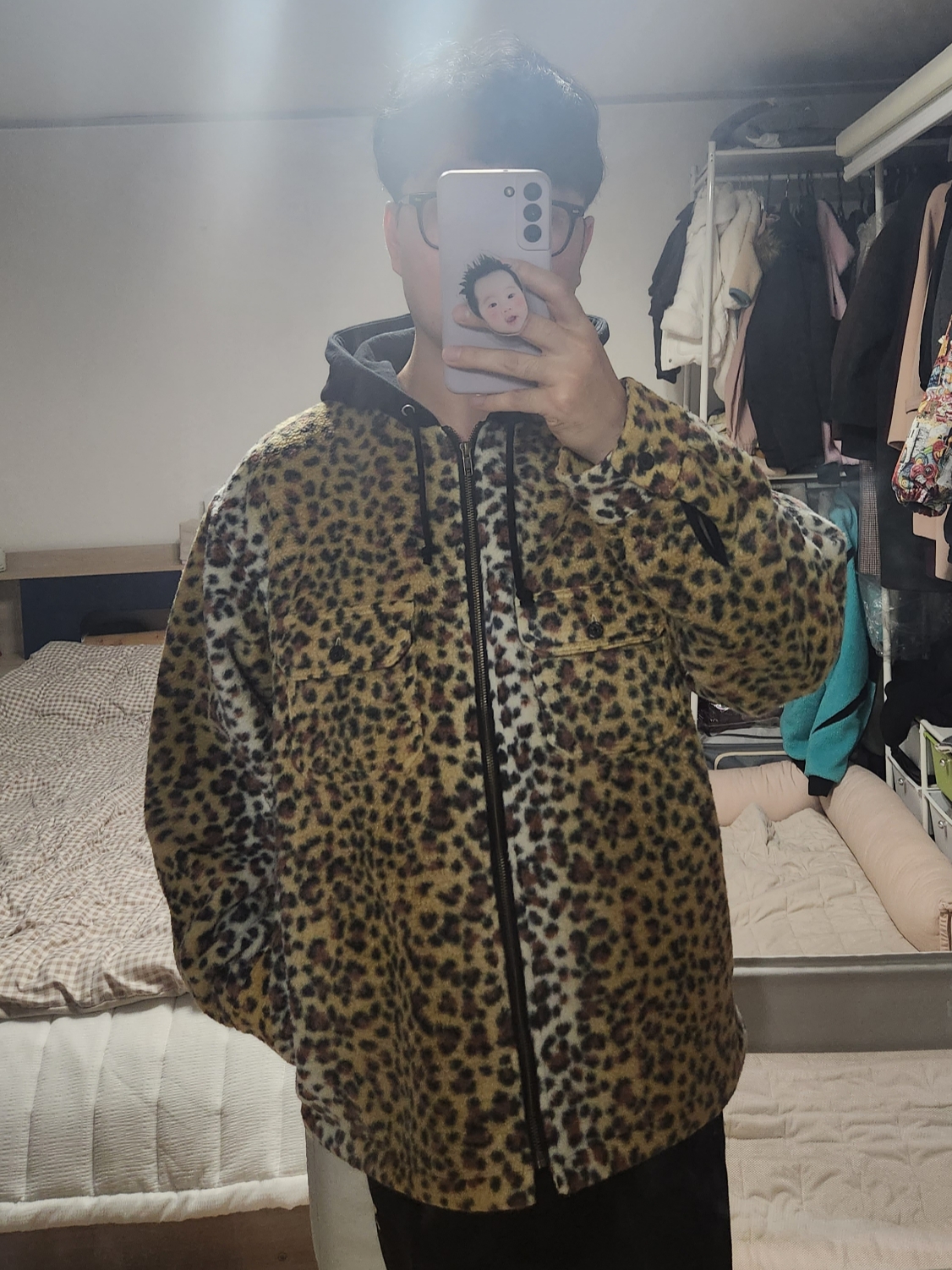 Supreme Fleece Zip Up Hooded Shirt Brown Leopard - 23FW 착용 스타일 - 2