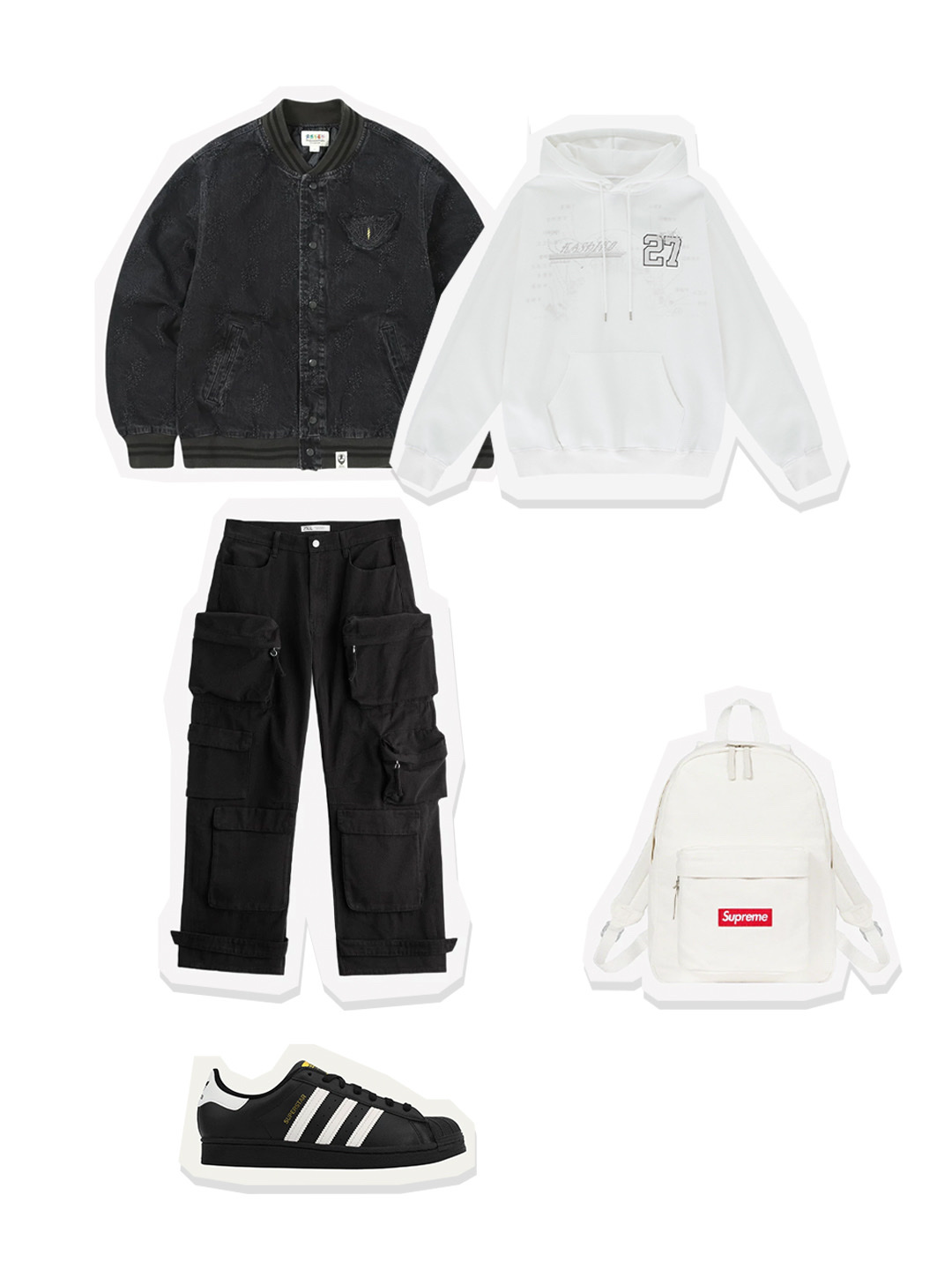 thisisneverthat x Grateful Dead Lightning Denim Varsity Jacket Black, Zara Utility Pocket Pants Black 착용 스타일 - 1
