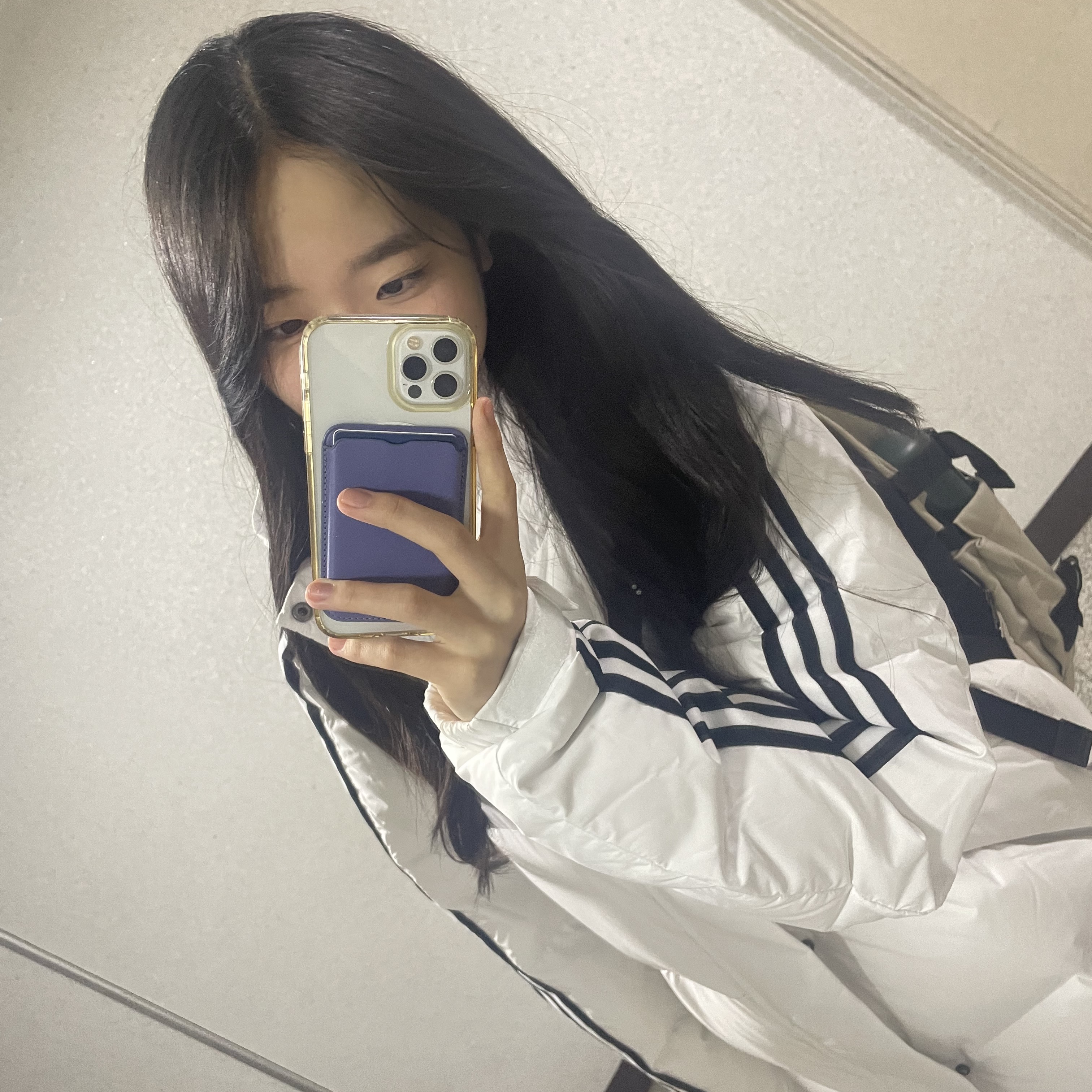 Adidas 3S Long Down Jacket White - KR sizing 착용 스타일 - 1