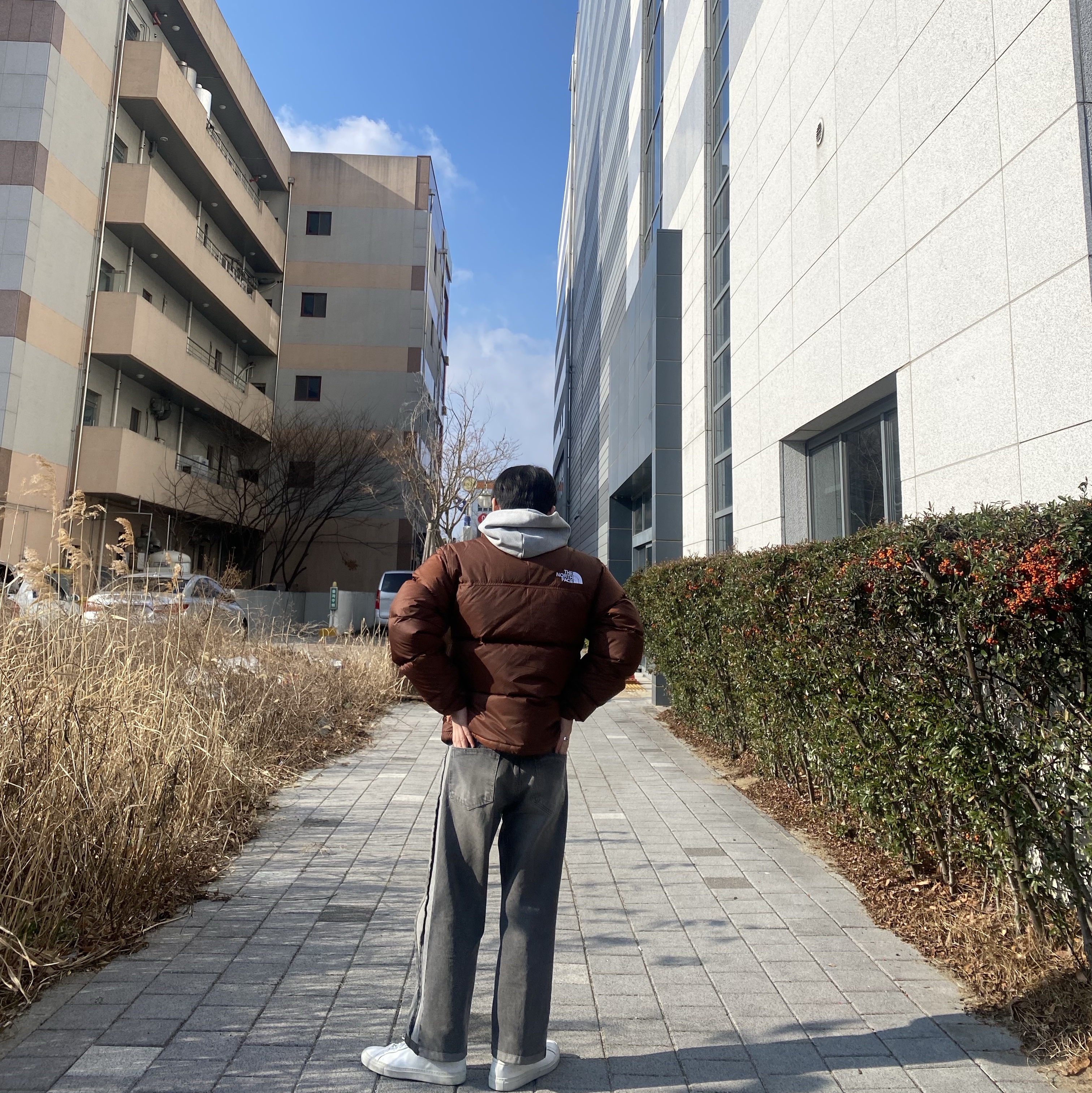 The North Face 1996 Retro Nuptse Jacket Dark Oak 착용 스타일 - 3