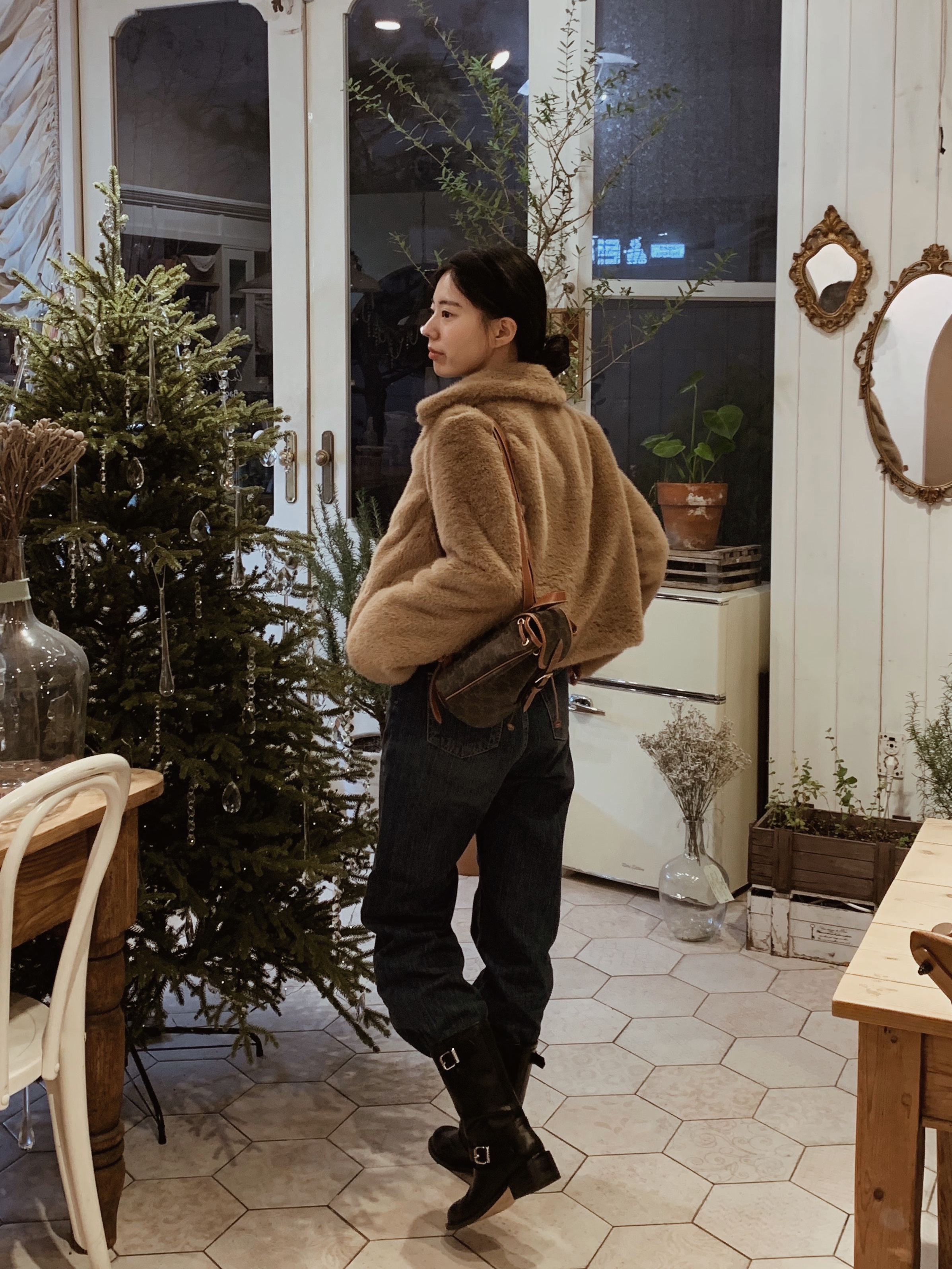 Celine Mini Backpack Folco in Triomphe Canvas and Calfskin Tan 착용 스타일 - 1