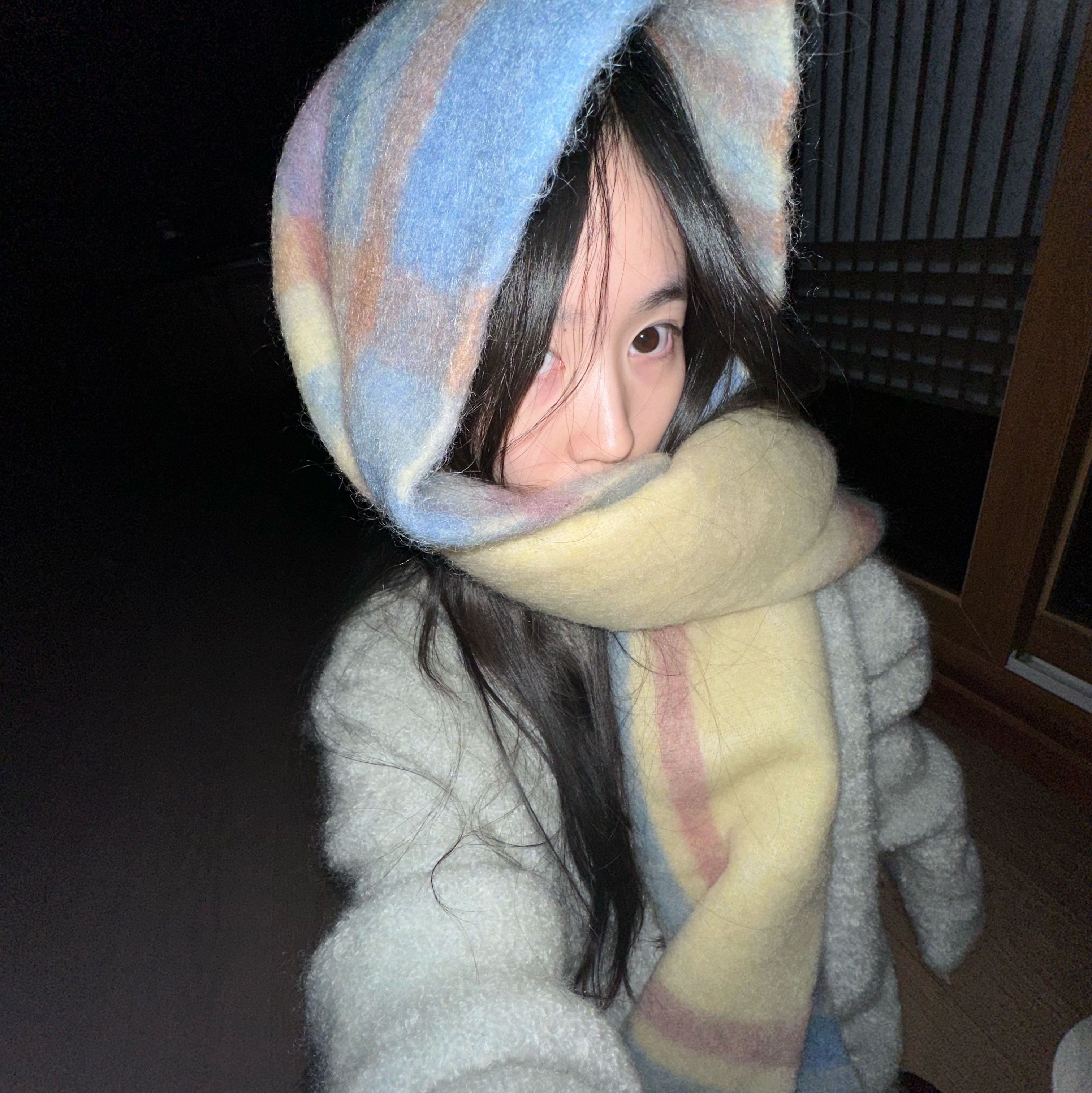 Acne Studios Checked Muffler Light Blue Beige 착용 스타일 - 1
