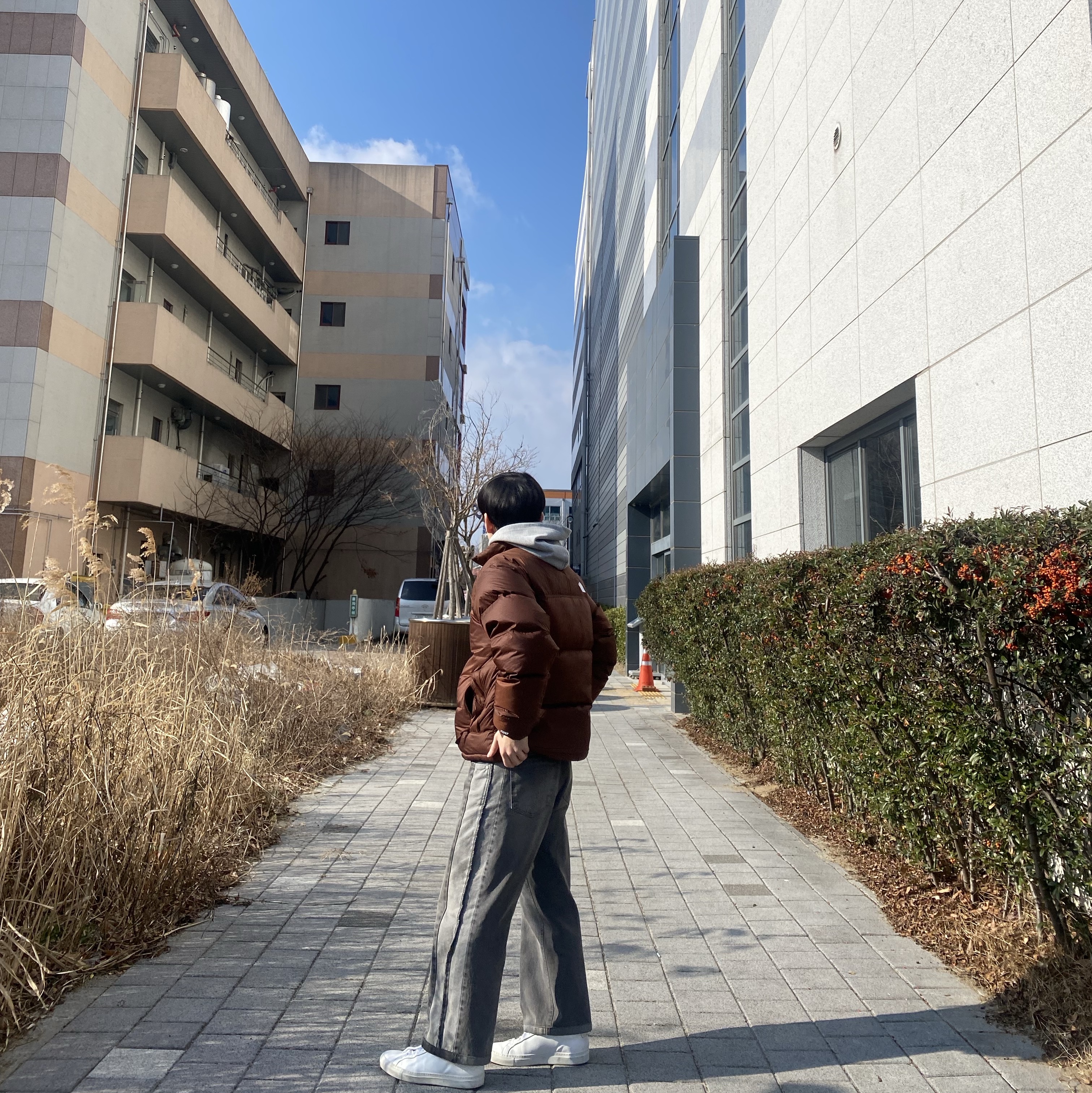 The North Face 1996 Retro Nuptse Jacket Dark Oak 착용 스타일 - 2