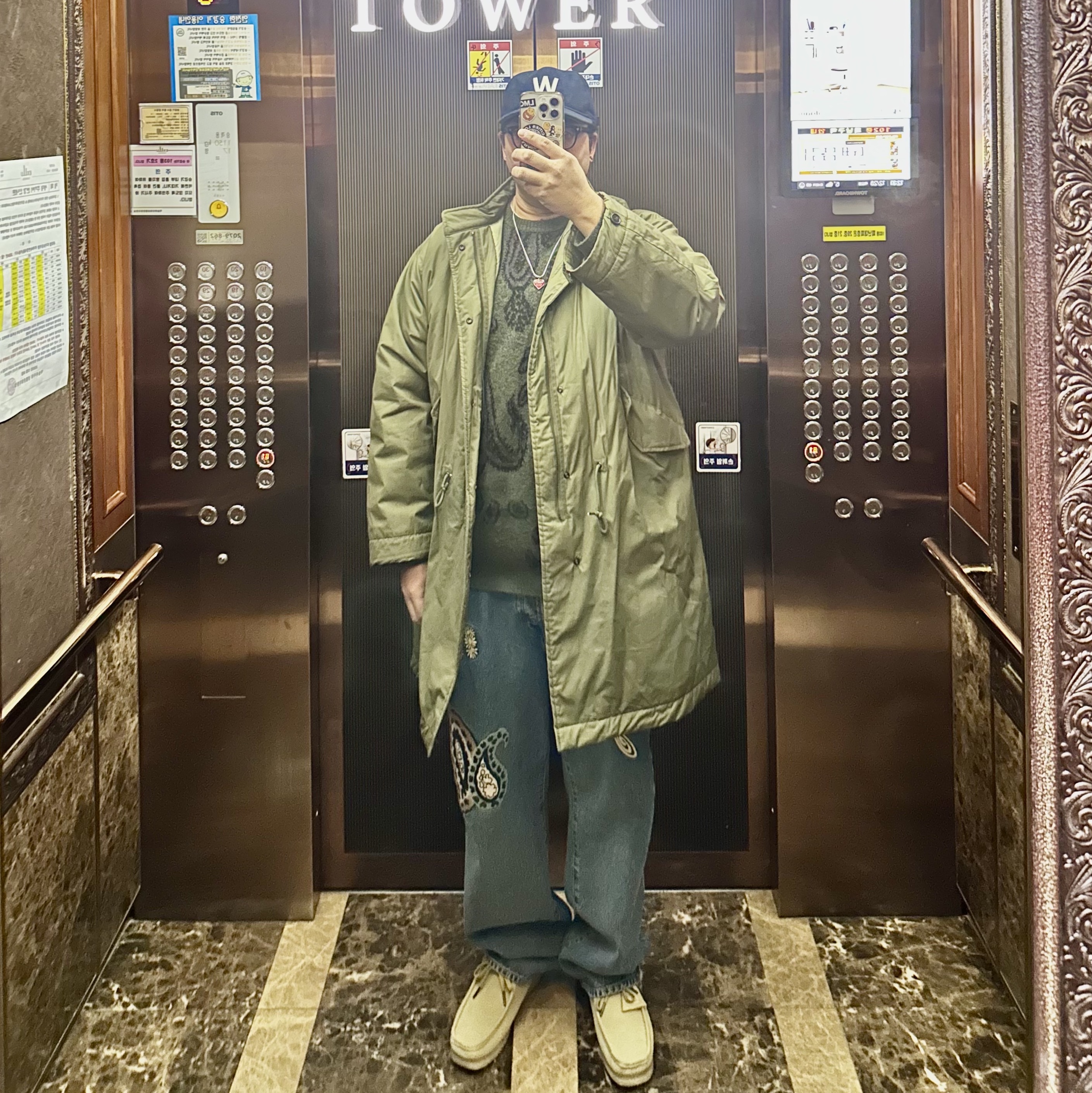 Carhartt WIP Medford Sweater Plant Paisley Jacquard, Stussy x Noma t.d. Big OL' Jean Stone Wash 착용 스타일 - 1