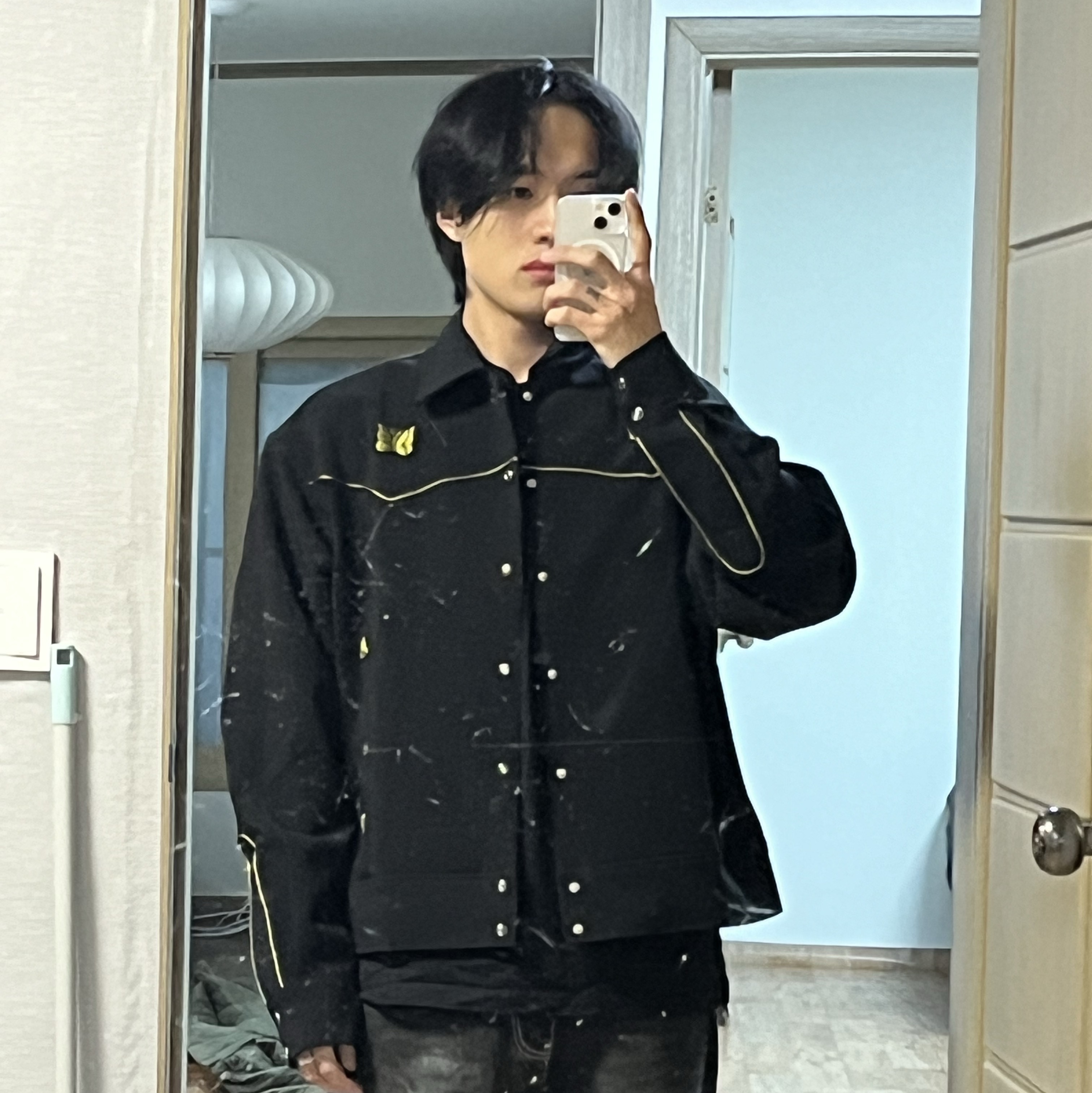 Needles Piping Cowboy Jacket Double Cloth Black 착용 스타일 - 2