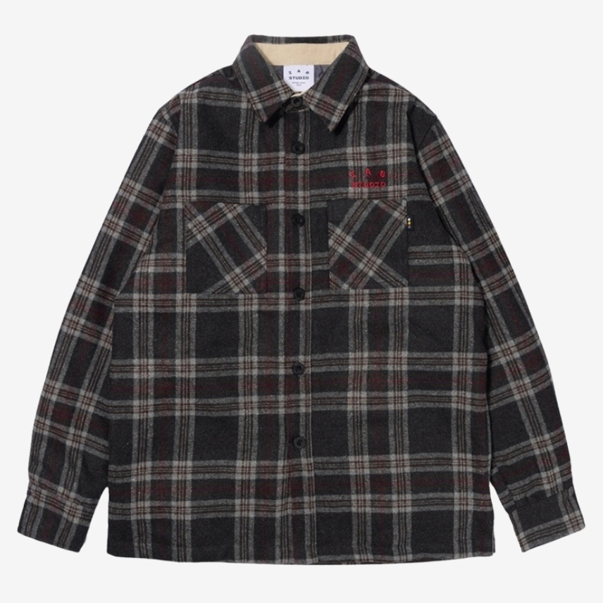 IAB Studio Check Shirt Jacket Gray Red 착용 스타일