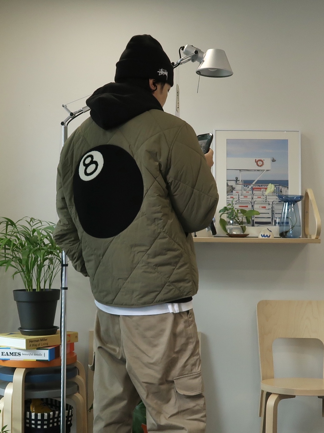 Stussy 8 Ball Quilted Liner Jacket Olive, Stussy Stock Cuff Beanie Black 착용 스타일