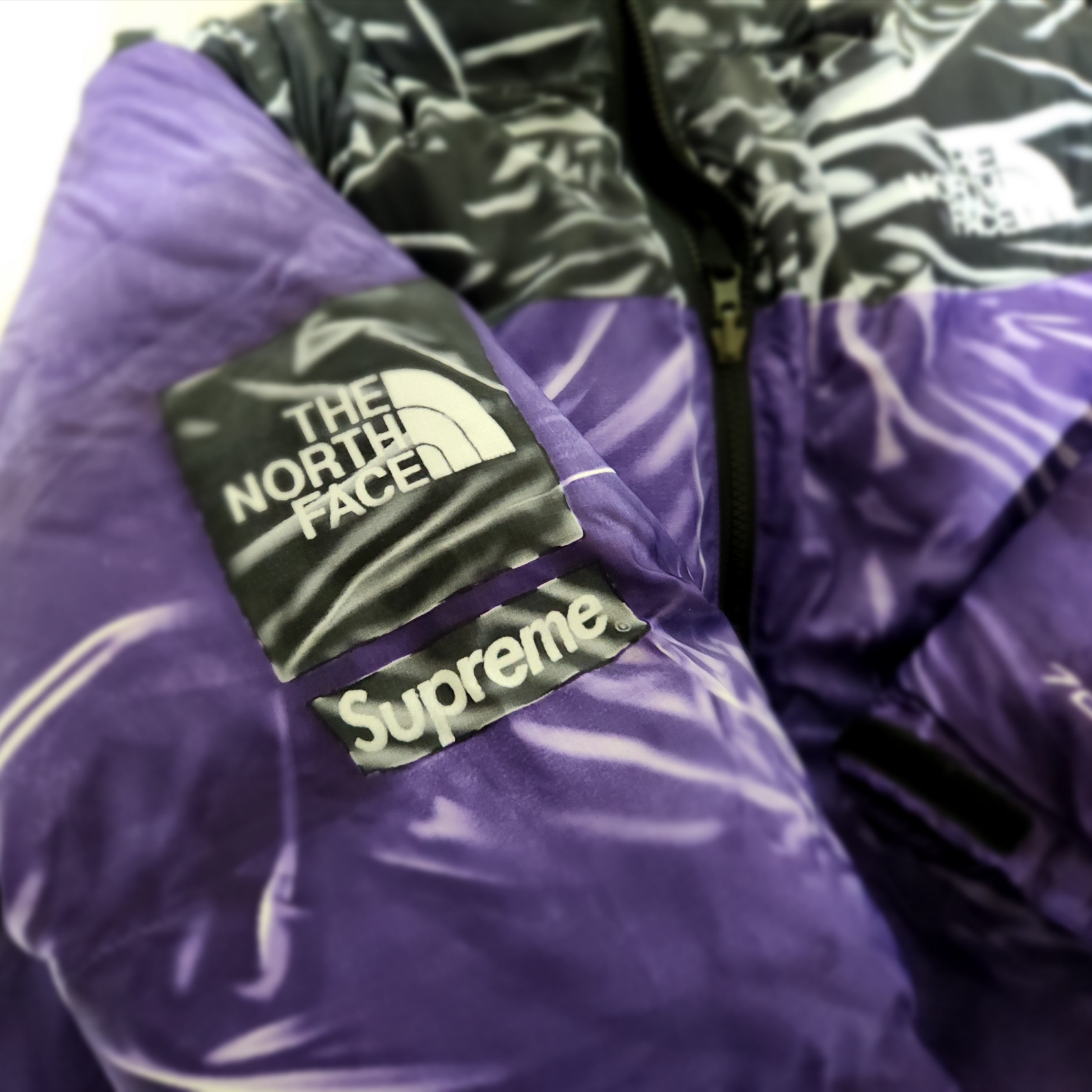 Supreme x The North Face Trompe L’oeil Printed Nuptse Jacket Purple - 23SS 착용 스타일 - 3