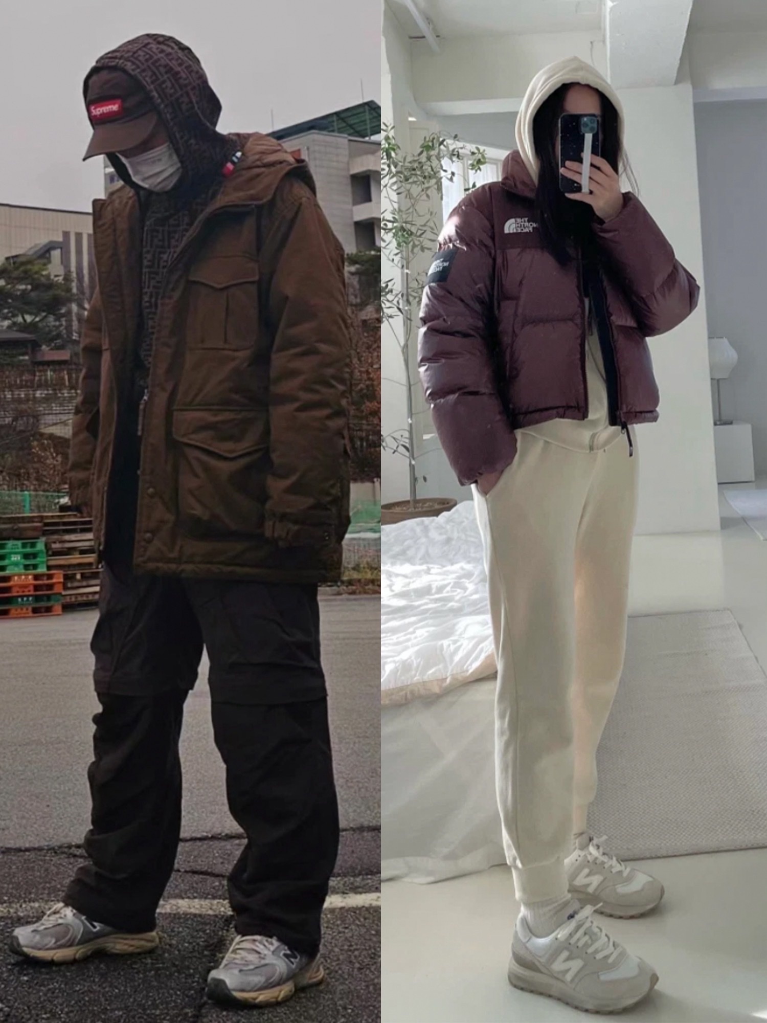 (W) 노스페이스 화이트 라벨 노벨티 눕시 다운 자켓 코코아 브라운, 유니클로 x 엔지니어드 가먼츠 퍼프테크 유틸리티 자켓 브라운 착용 스타일 - 3