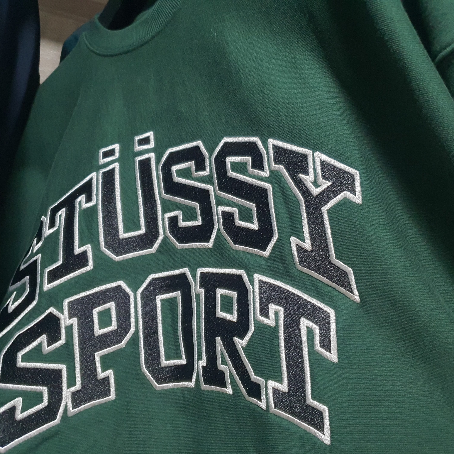 Stussy Sport Relaxed Oversized Crew Pine 착용 스타일