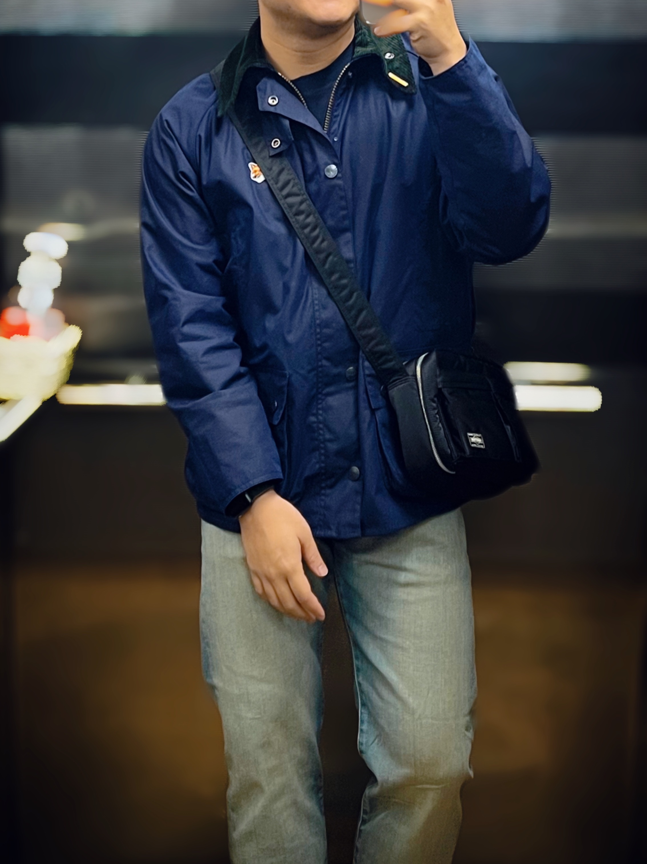 Barbour x Maison Kitsune Beaufort Waxed Jacket Indigo, Porter Tanker Shoulder Bag S Black 착용 스타일 - 1