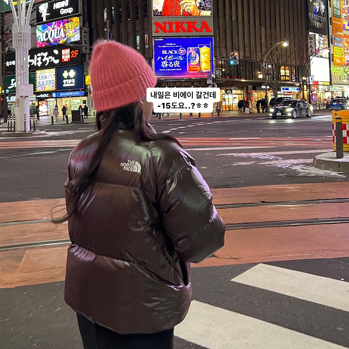 (W) The North Face White Label Neo Puffy Down Jacket Brown, (W) Celine Triomphe 01 Sunglasses in Acetate Black 착용 스타일 - 1