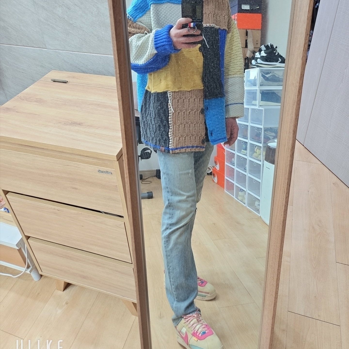 Zara x Ader Error Patchwork Oversize Knit Cardigan Multicolor, Nike x Union Cortez SP Sesame 착용 스타일