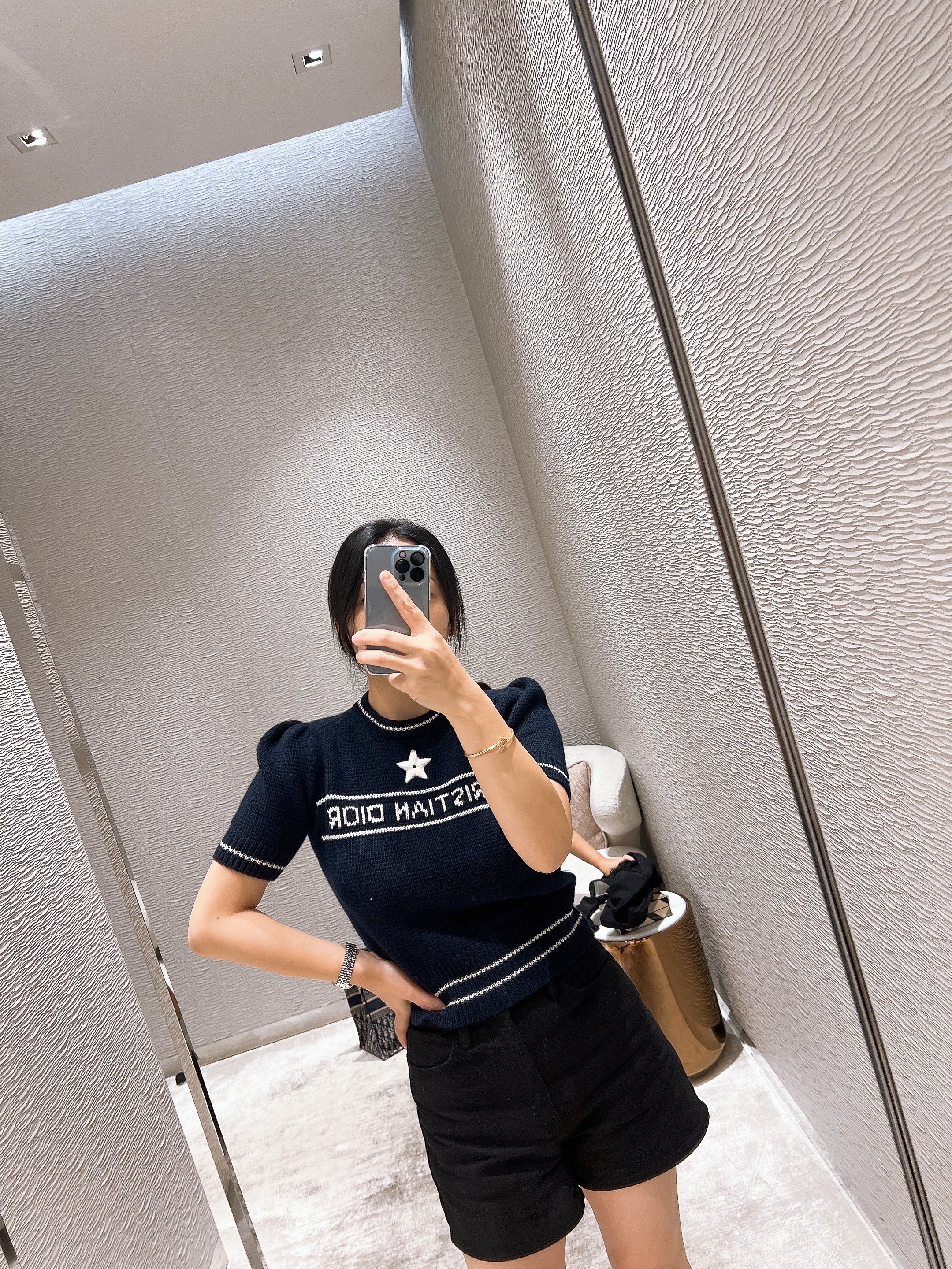 (W) Dior Christian Dior Short Sleeved Sweater Cashmere Wool Knit Navy Blue 착용 스타일