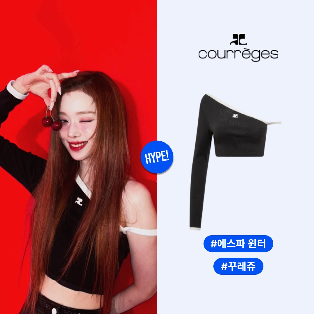 (W) Courreges One Shoulder Logo Crop Long Sleeve Top Black 착용 스타일 - 1