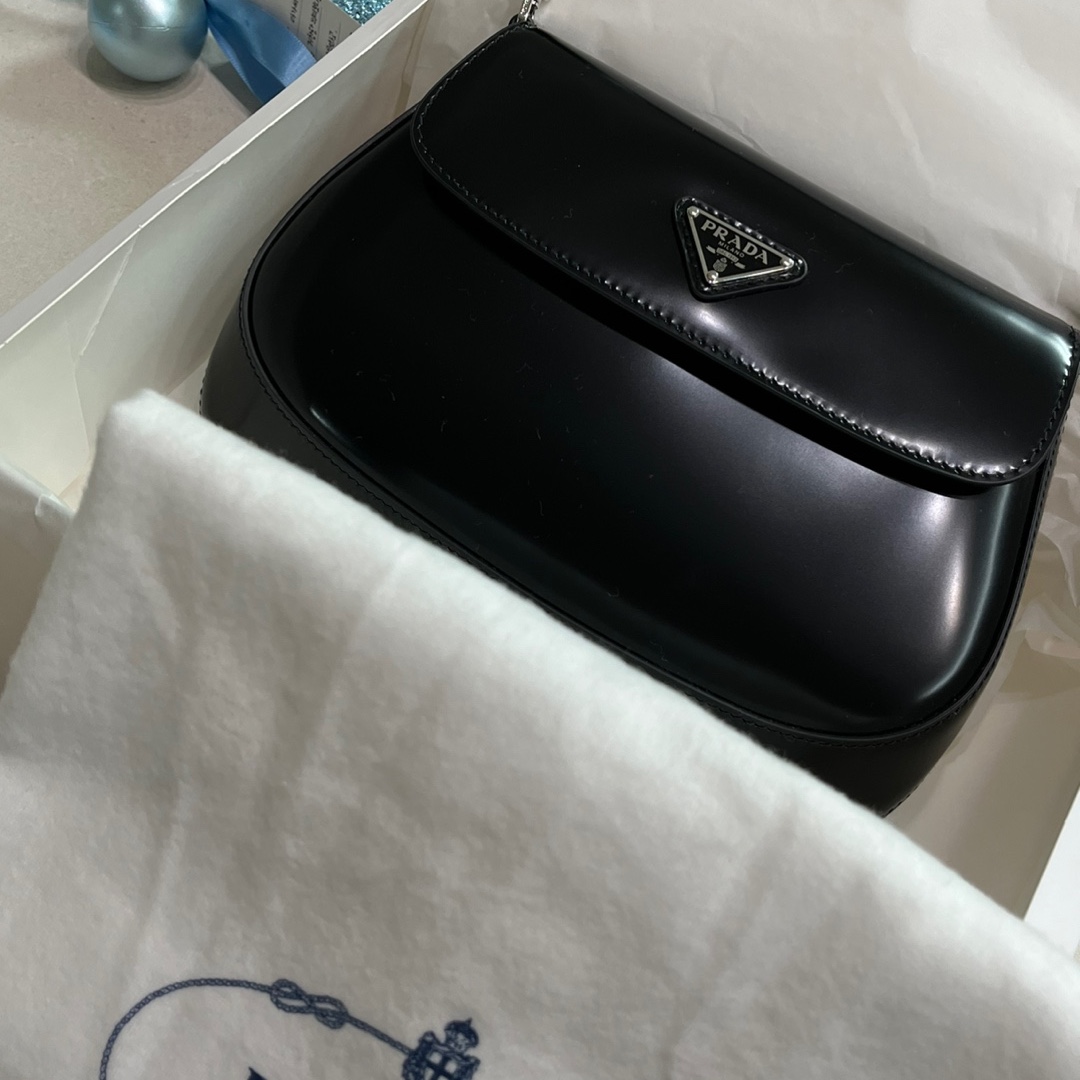Prada Cleo Brushed Leather Shoulder Bag with Flap Black 착용 스타일