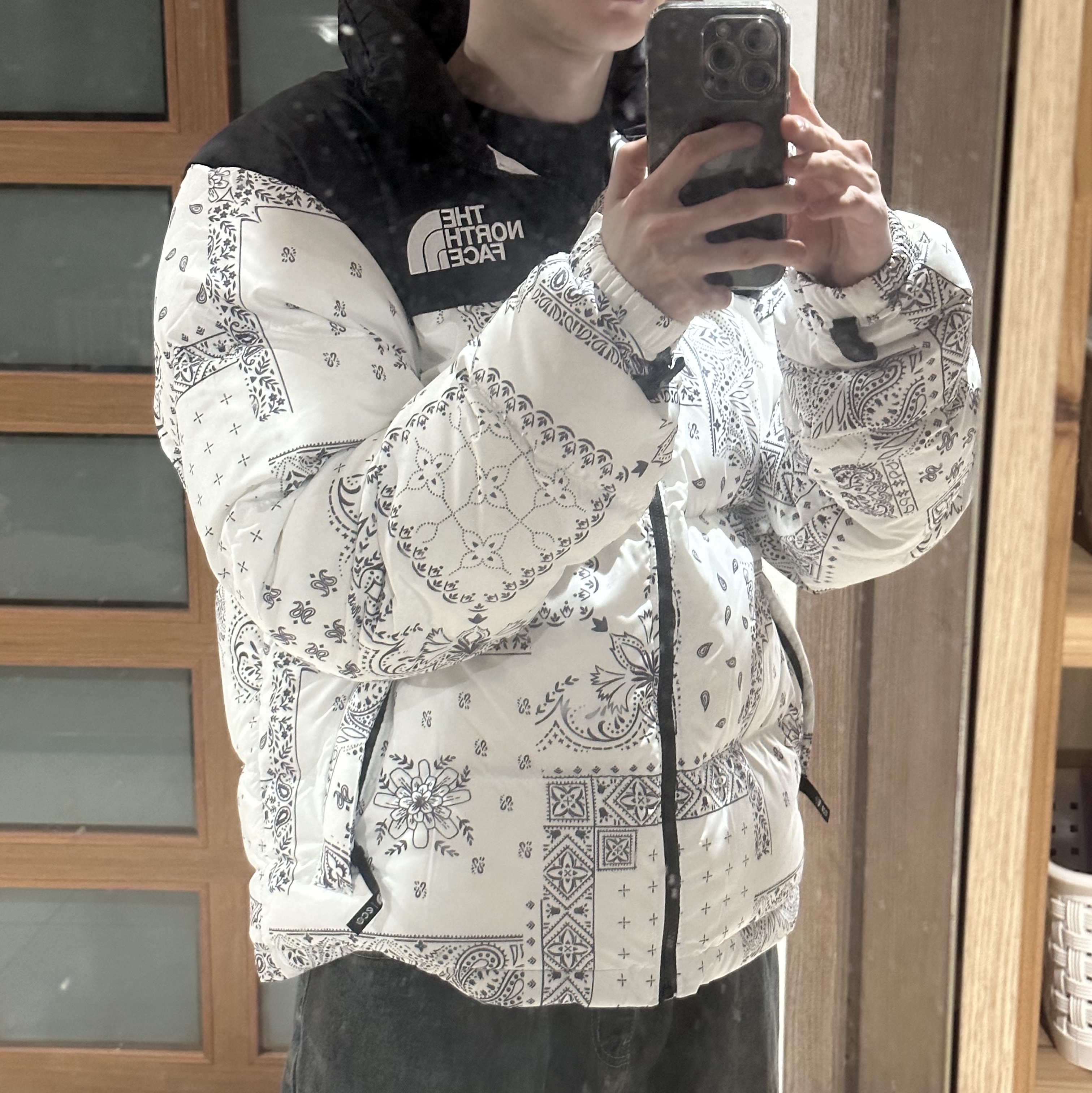 The North Face 1996 Novelty Nuptse Jacket Off White 착용 스타일
