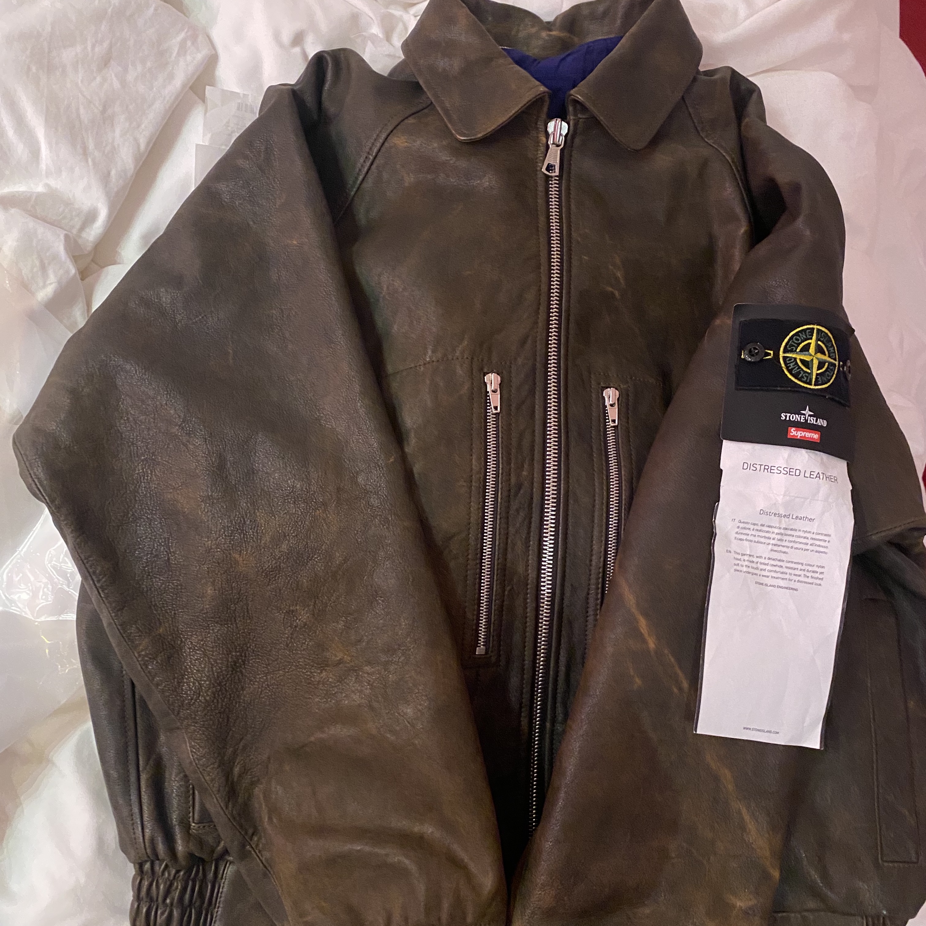 Supreme x Stone Island Leather Bomber Jacket Brown - 23FW 착용 스타일