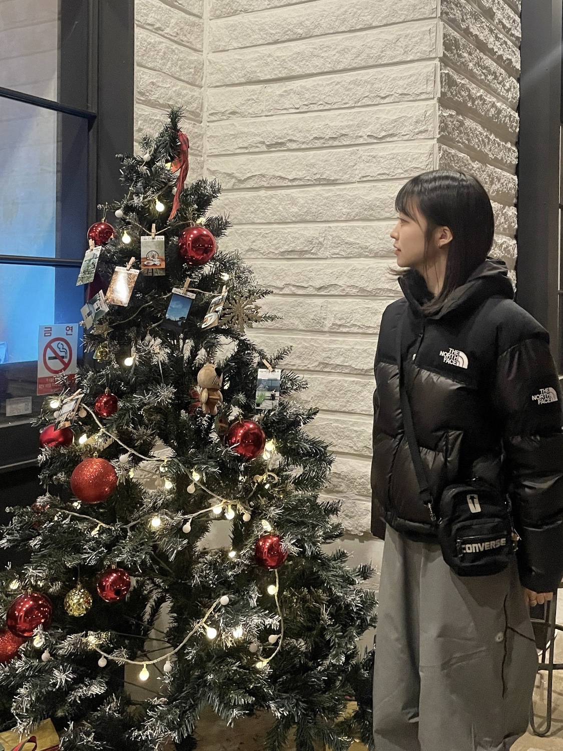 (W) The North Face White Label Novelty Nuptse Down Jacket Black 착용 스타일 - 2