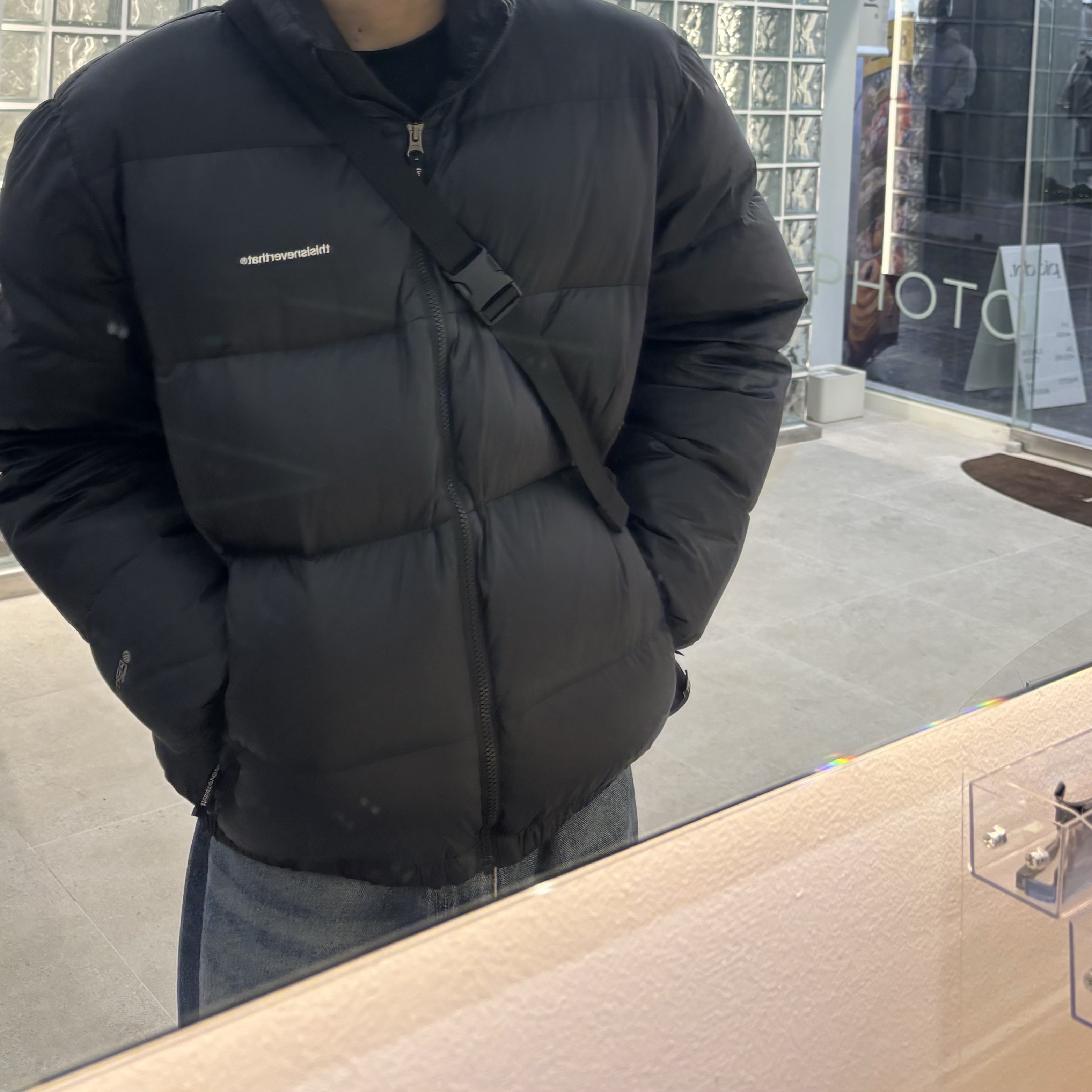 Thisisneverthat Pertex T Down Jacket Black, Zara x Ader Error Oversize Sweatshirt Black 착용 스타일