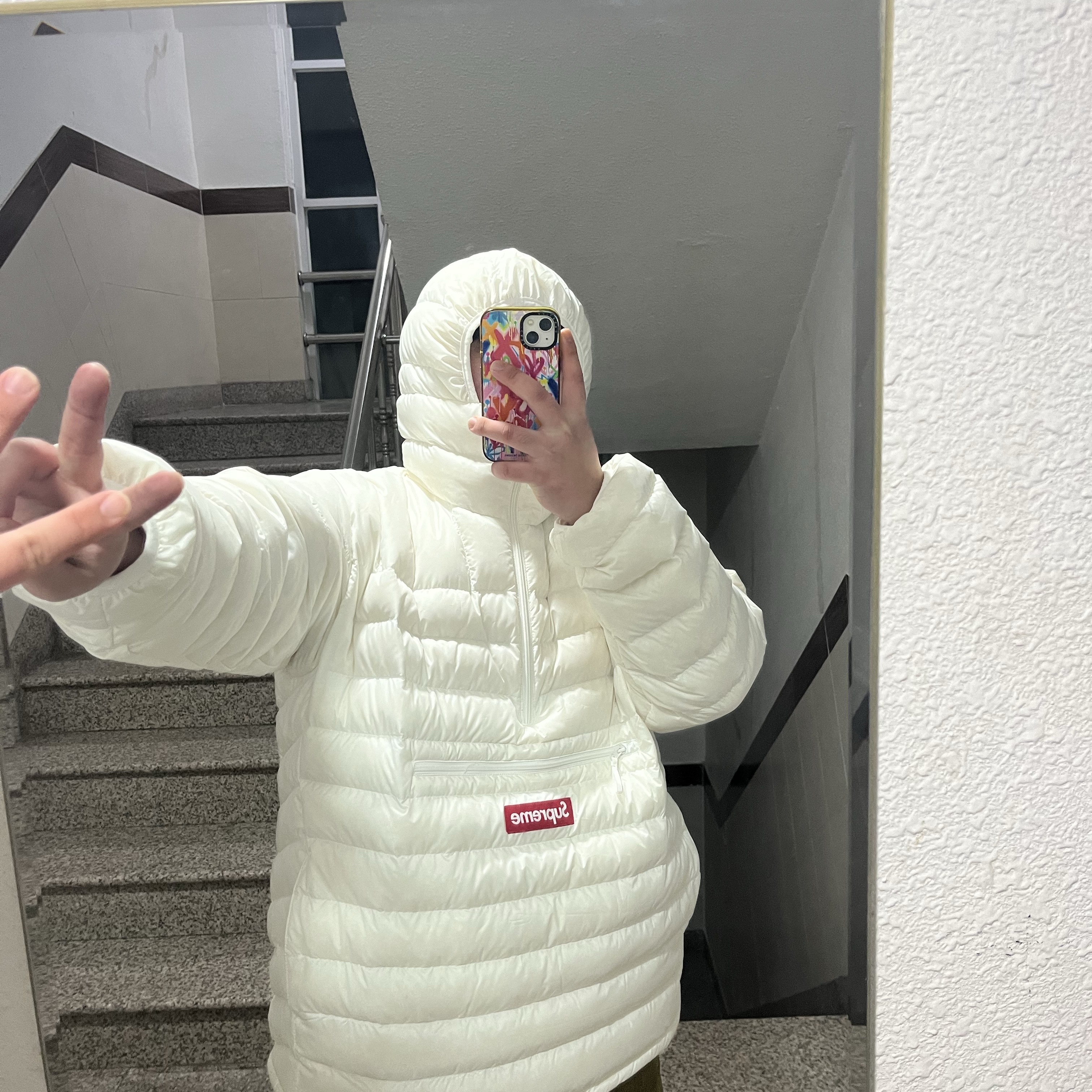 Supreme Micro Down Half Zip Hooded Pullover White - 23FW 착용 스타일