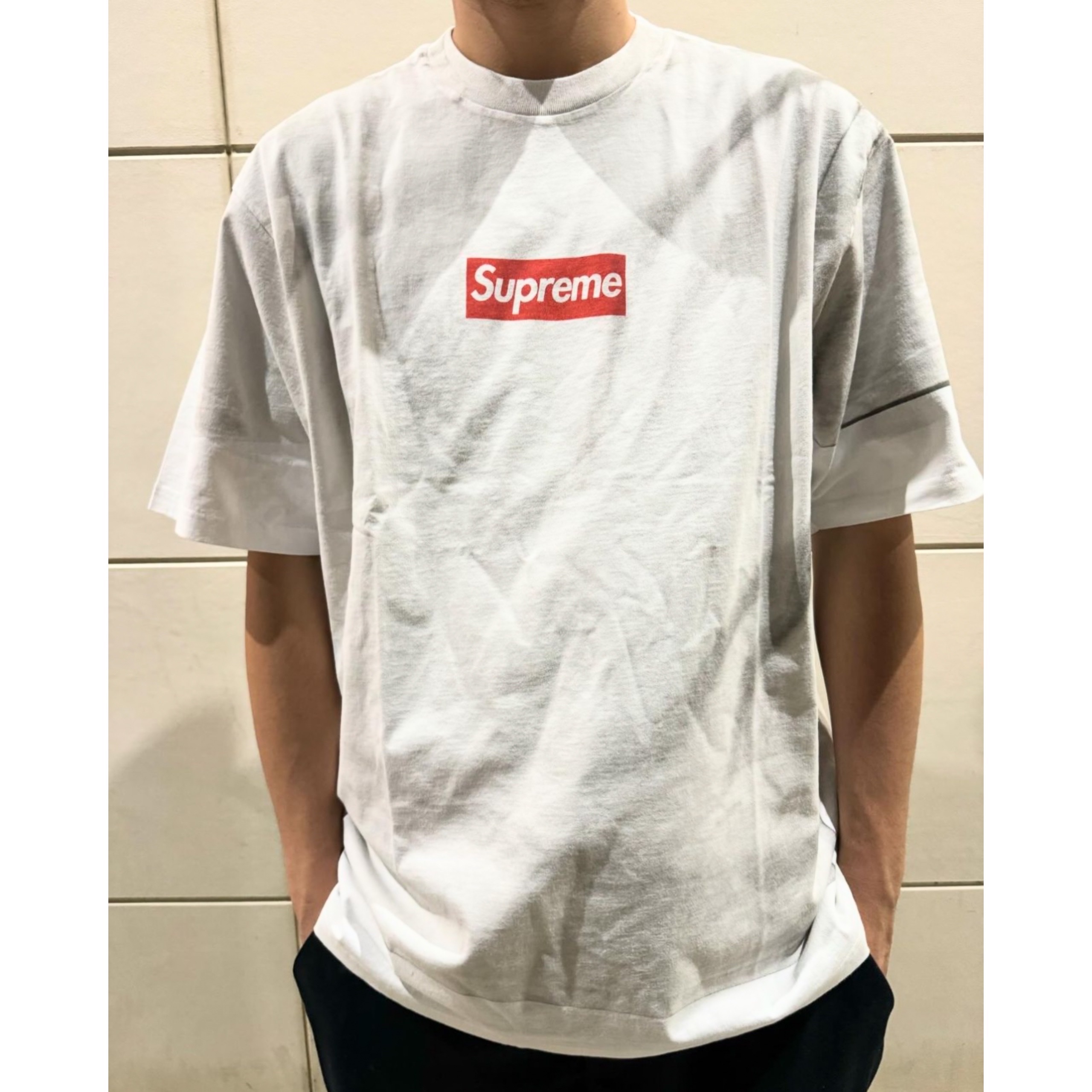 Supreme x MM6 Maison Margiela Split Varsity Jacket Multicolor - 24SS, Supreme x MM6 Maison Margiela Box Logo T-Shirt White - 24SS 착용 스타일 - 5